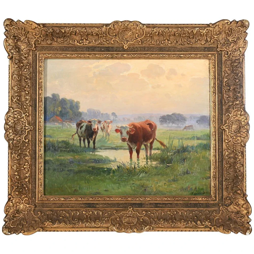 GRENET, J. “Oxen in a Lakeside Landscape.” Oil on canvas, signed lower