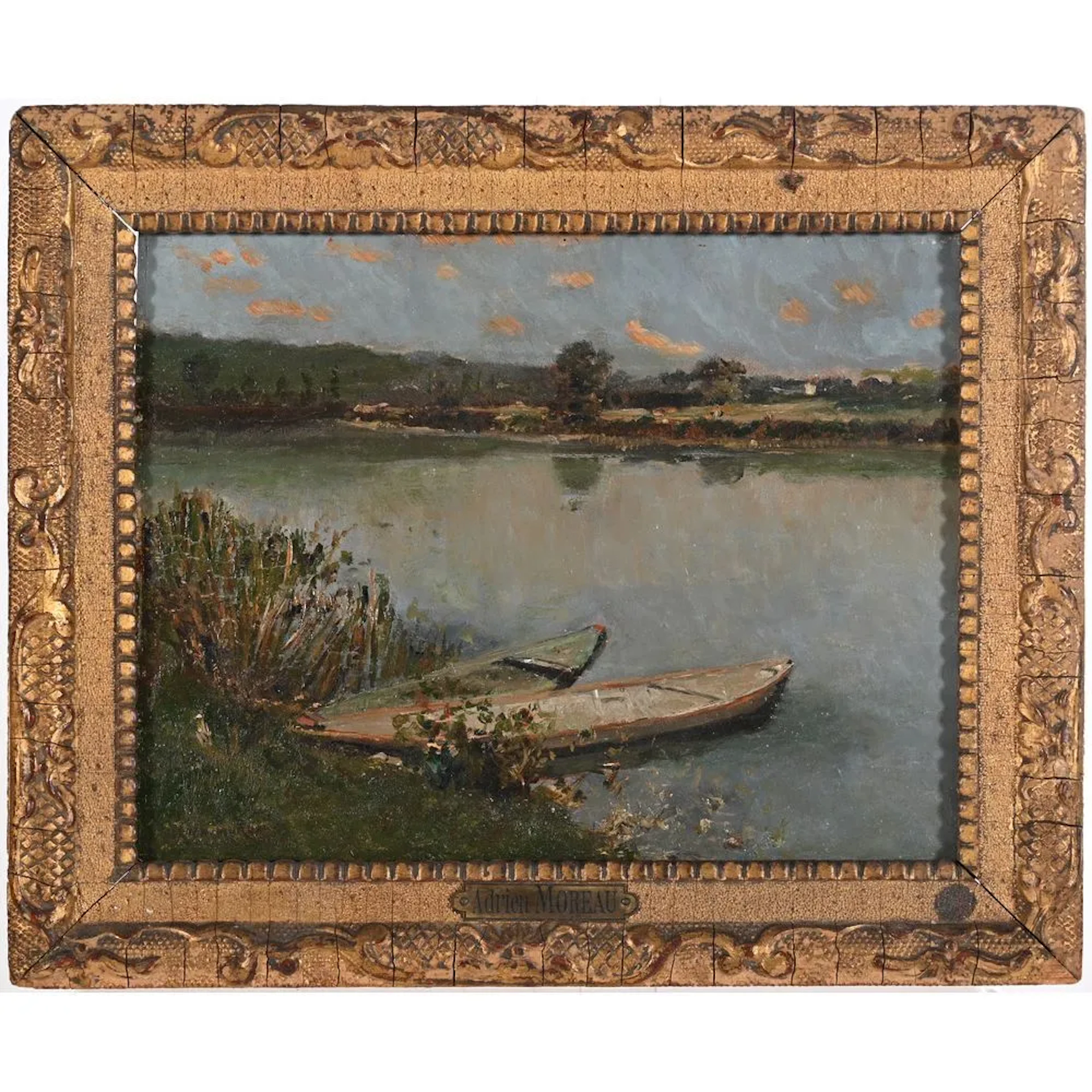 MOREAU, Adrien (1843–1906). “Boat by the River.” Oil on panel, signed