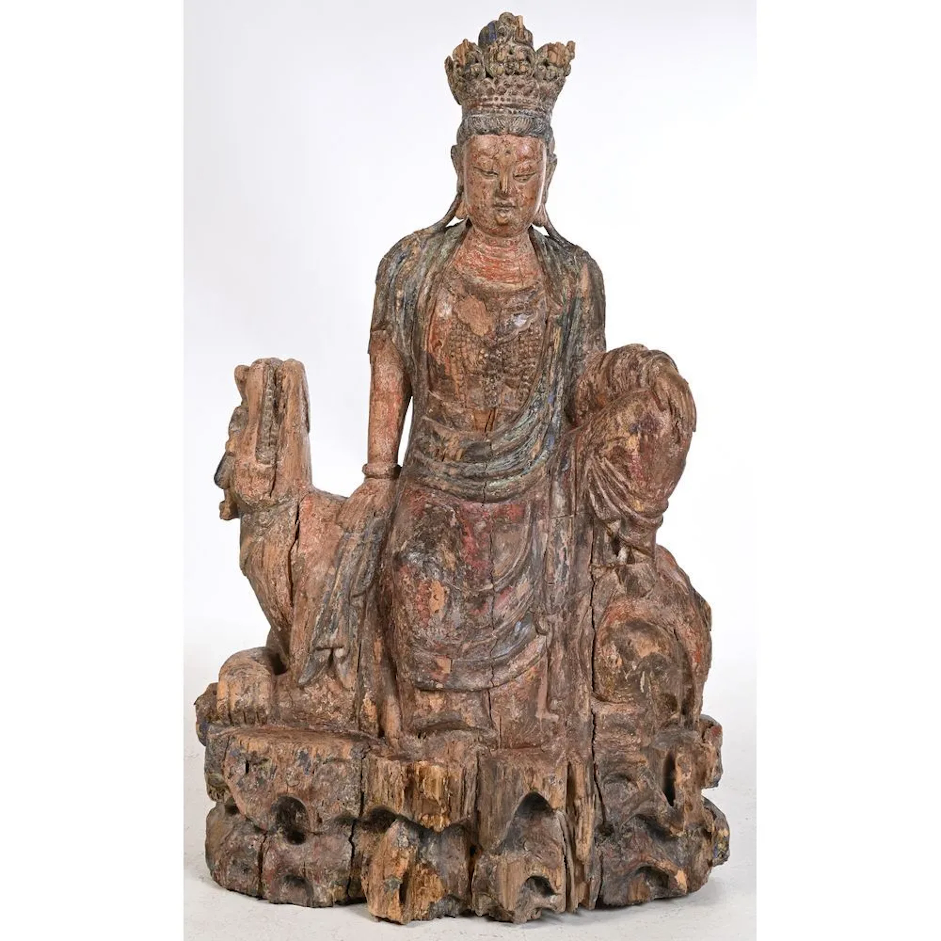 Guanyin in the Royal Relaxation Pose; wood with significant remnants