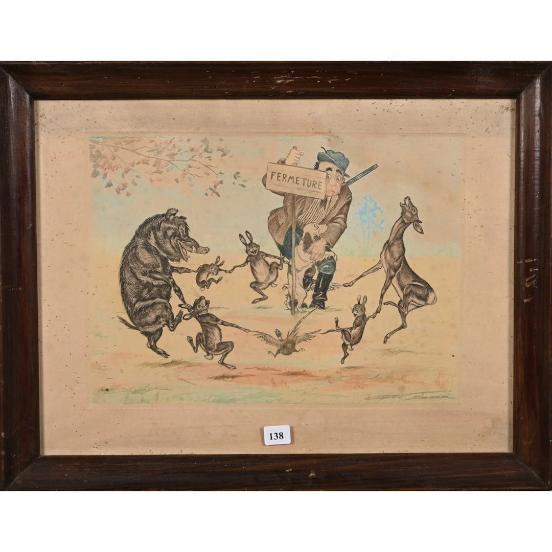 Illegible SIGNATURE. Humorous color LITHOGRAPH titled “The End of