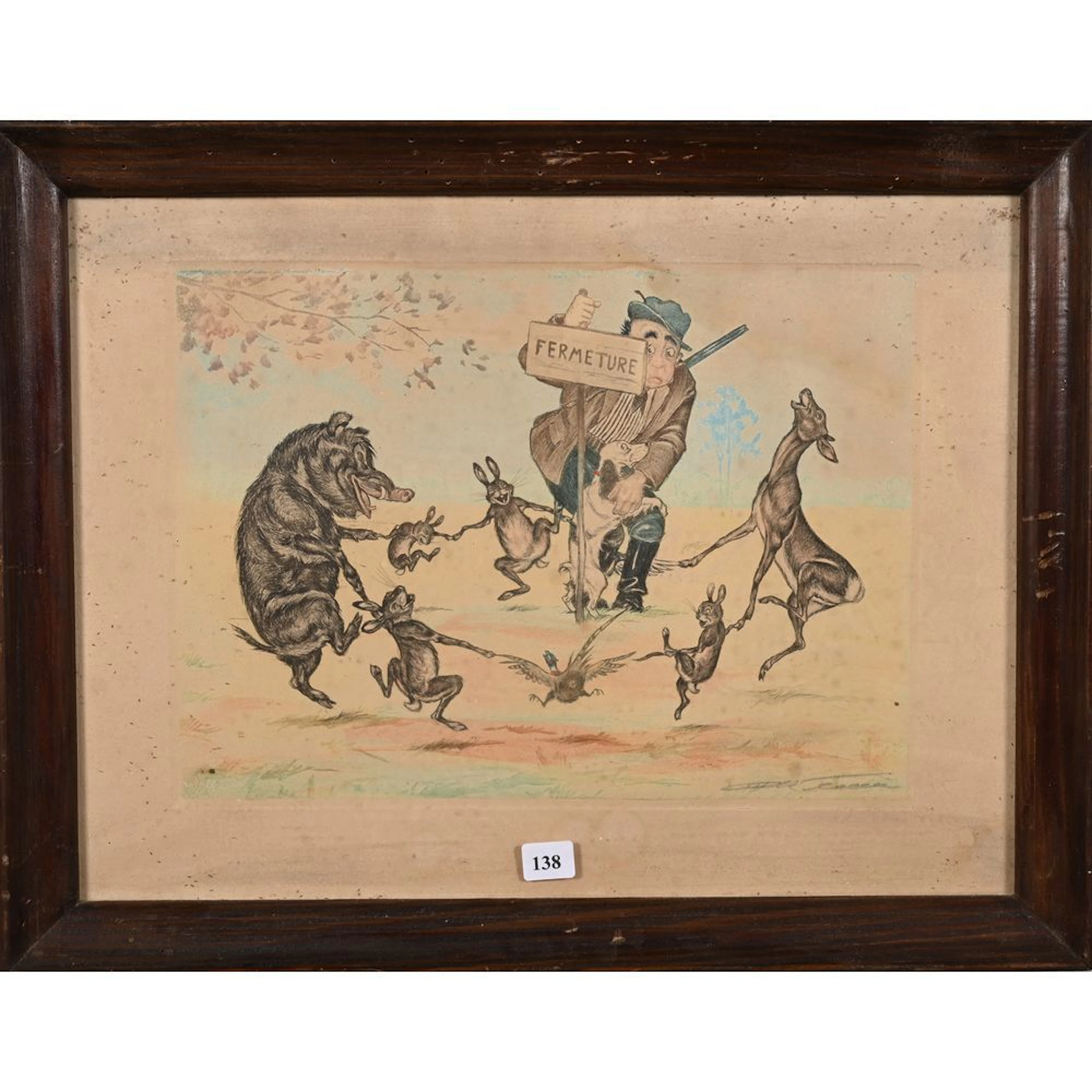 Illegible SIGNATURE. Humorous color LITHOGRAPH titled “The End of