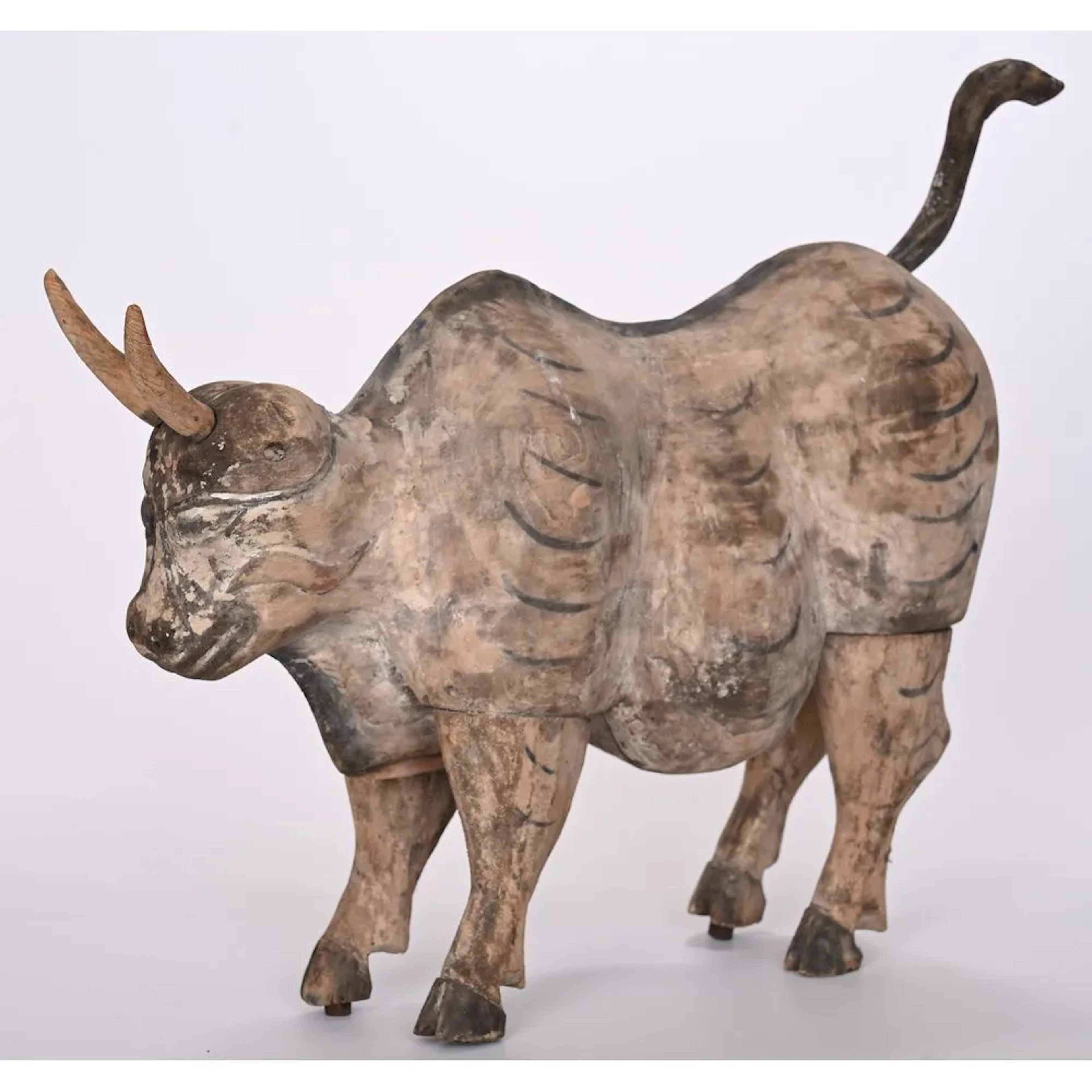 Wooden BOVID. Surface accented with black and white pigments. China