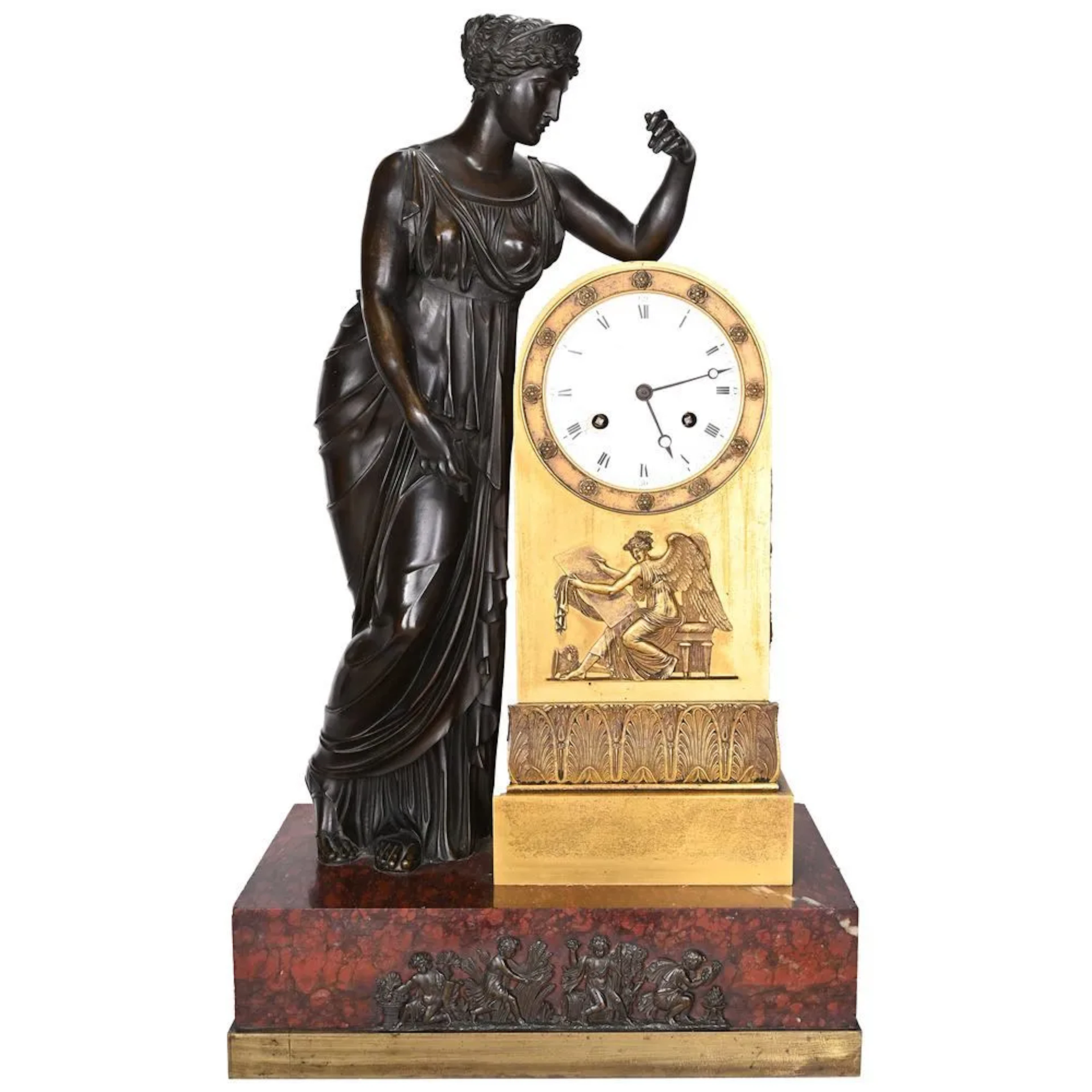 LARGE EMPIRE-STYLE CLOCK in bronze with a dual brown and gold patina