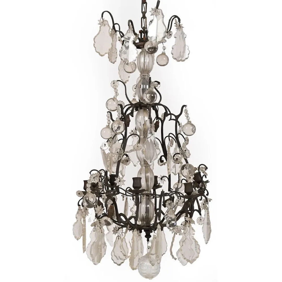 2-level patinated metal cage LUSTRE with cut-out pendants. (Some pendants