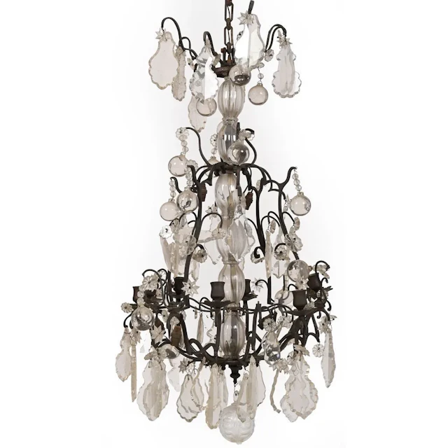 2-level patinated metal cage LUSTRE with cut-out pendants. (Some pendants