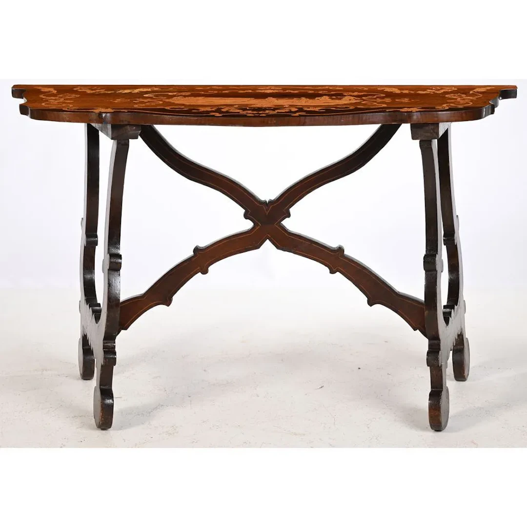 ITALIAN CONSOLE TABLE made of precious wood veneer, featuring a marquetry