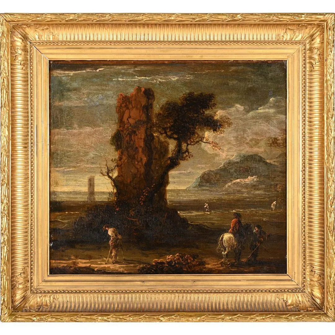 18th-Century French School. “Horsemen and Walkers in a Lakeside Landscape.”