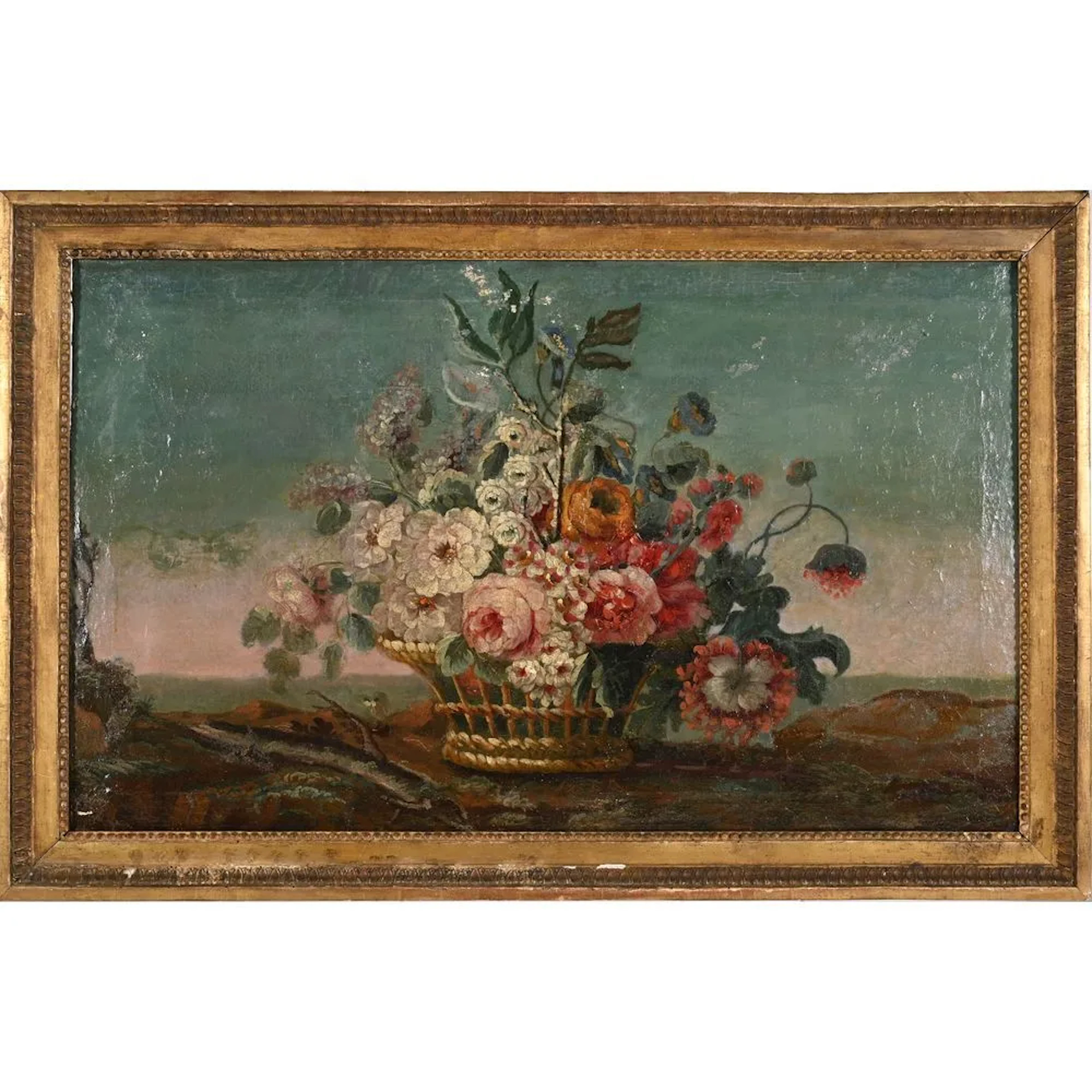 18th-century French painting. “Basket of Flowers.” Oil on canvas (extensive