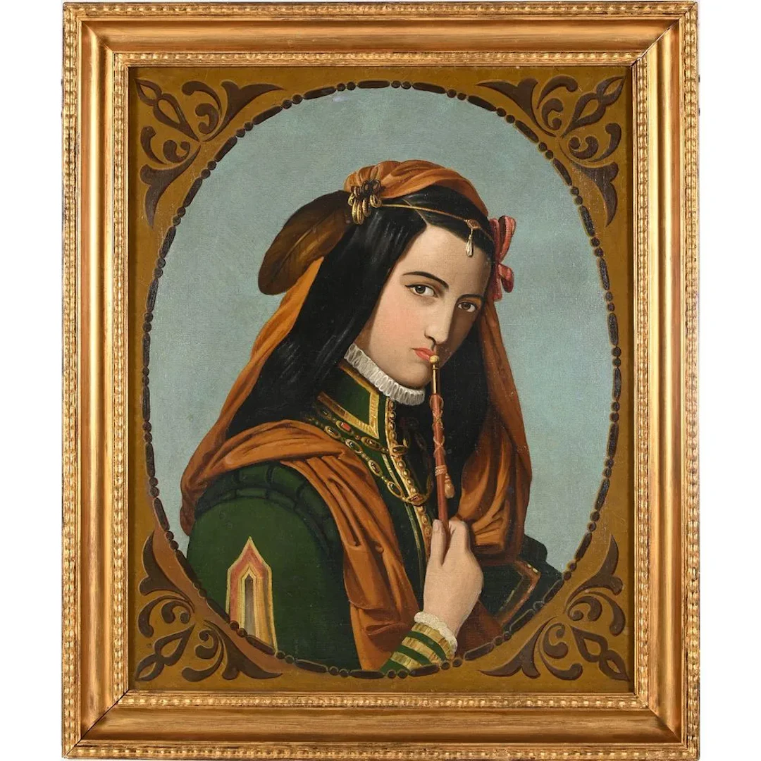 19th-century ORIENTALIST SCHOOL. “The Hookah Smoker.” Framed oil on