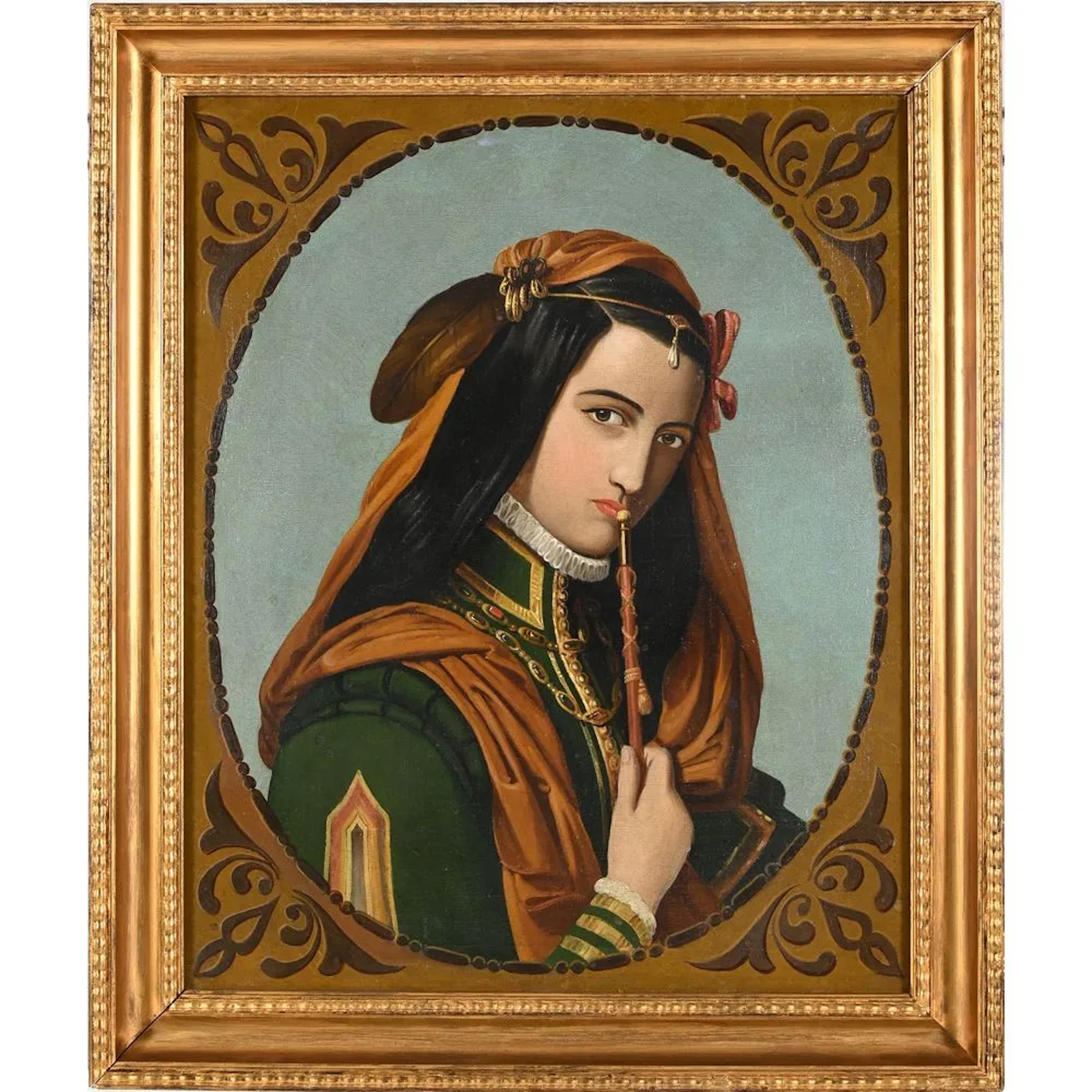 19th-century ORIENTALIST SCHOOL. “The Hookah Smoker.” Framed oil on