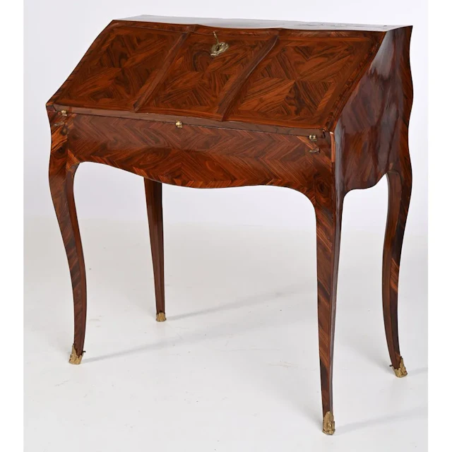 REGENCE PENTE DESK in violet and rosewood veneer with crossbow front.