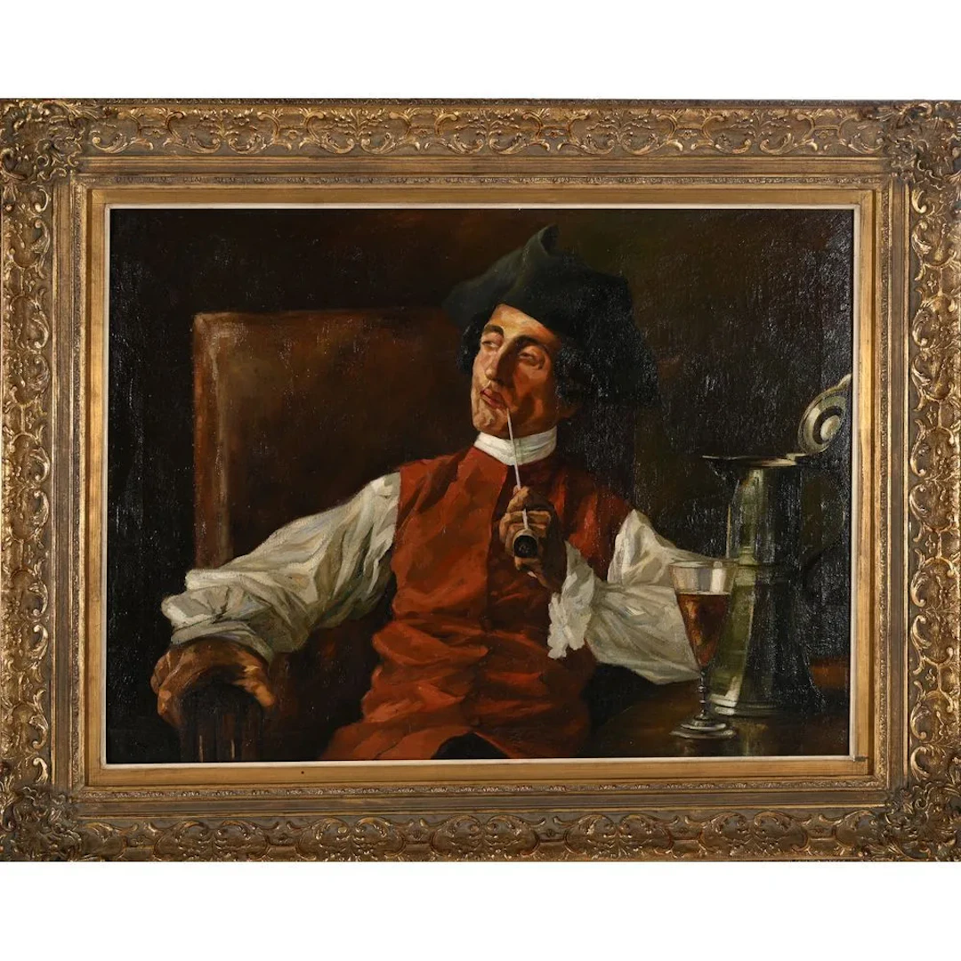 ITALIAN SCHOOL, late 19th century. “The Pipe Smoker”—A large oil on