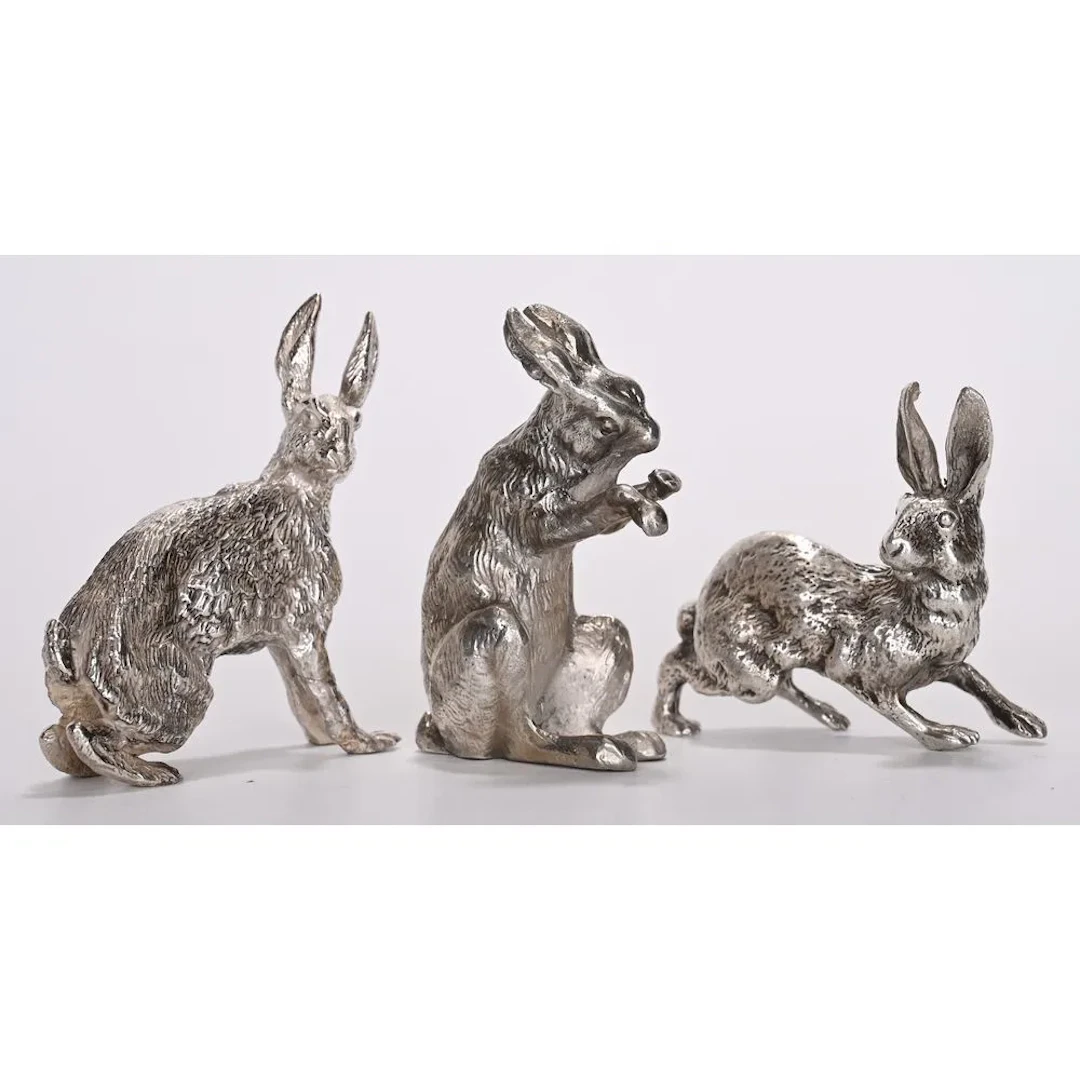 COLLECTION OF 3 HARE STATUES in solid silver, hallmarked with the