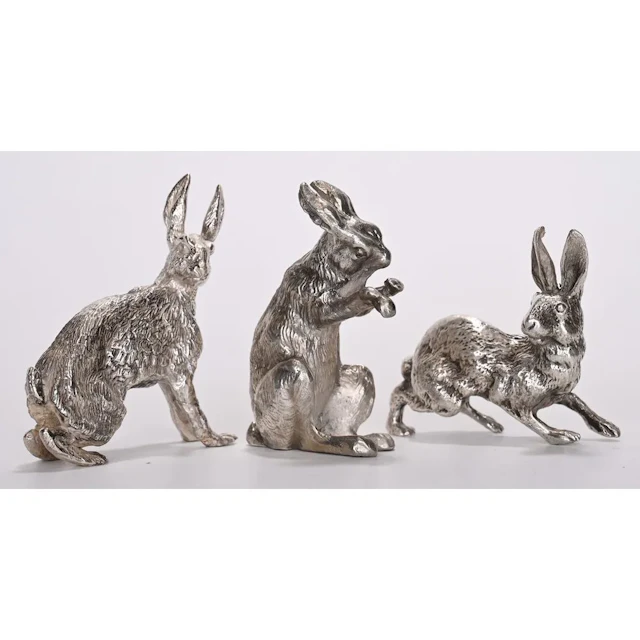 COLLECTION OF 3 HARE STATUES in solid silver, hallmarked with the