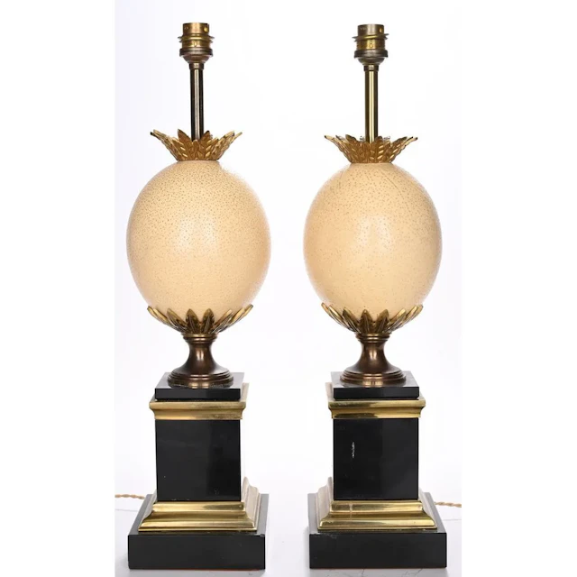 MAISON CHARLES. PAIR OF LAMPS made of marble, metal, and ostrich egg.