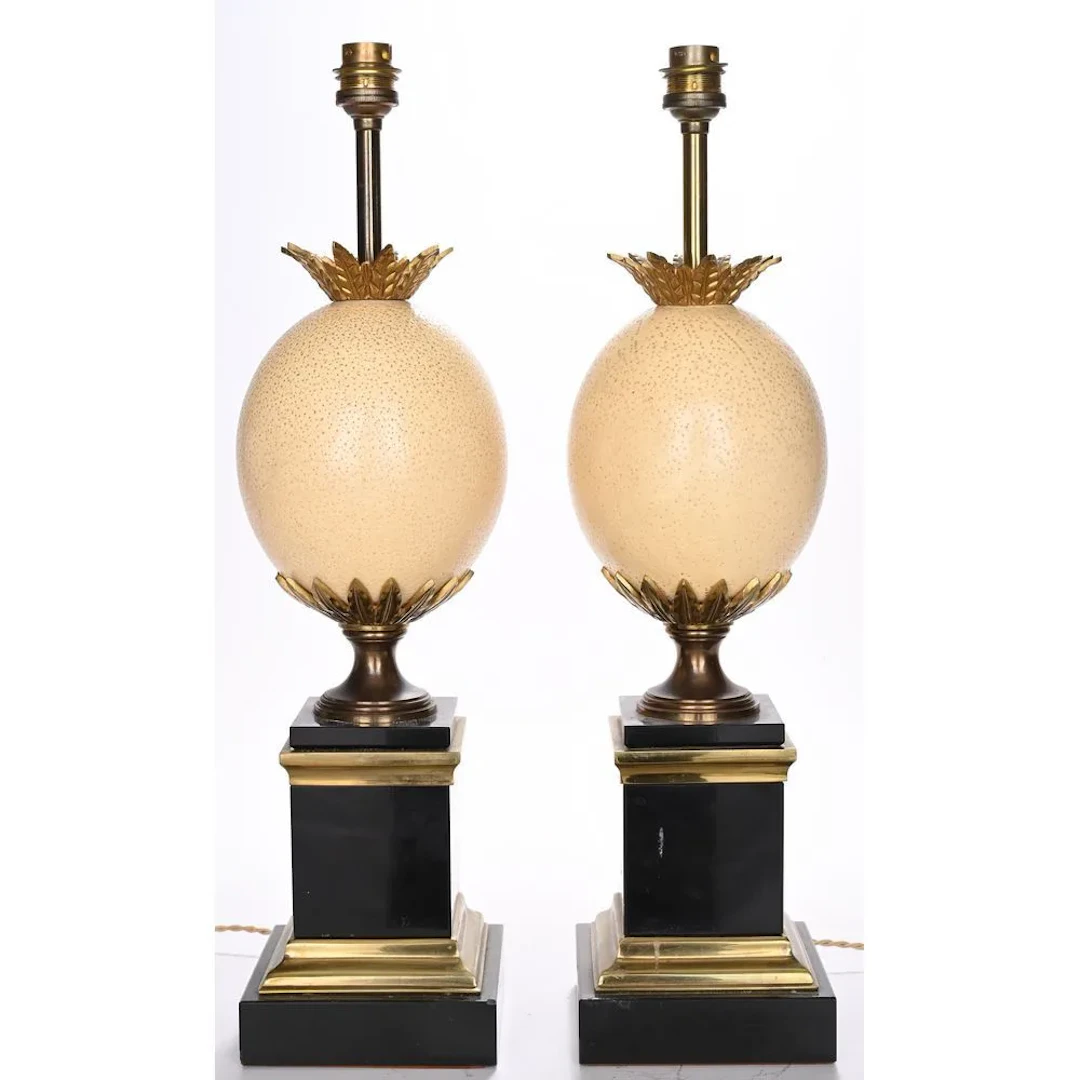 MAISON CHARLES. PAIR OF LAMPS made of marble, metal, and ostrich egg.