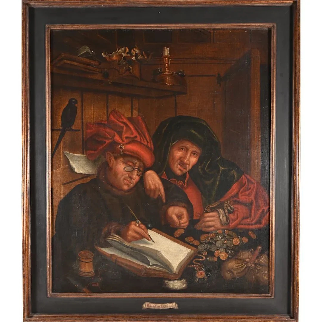 FLEMISH SCHOOL, early 18th century. “The Tax Collectors.” Large oil
