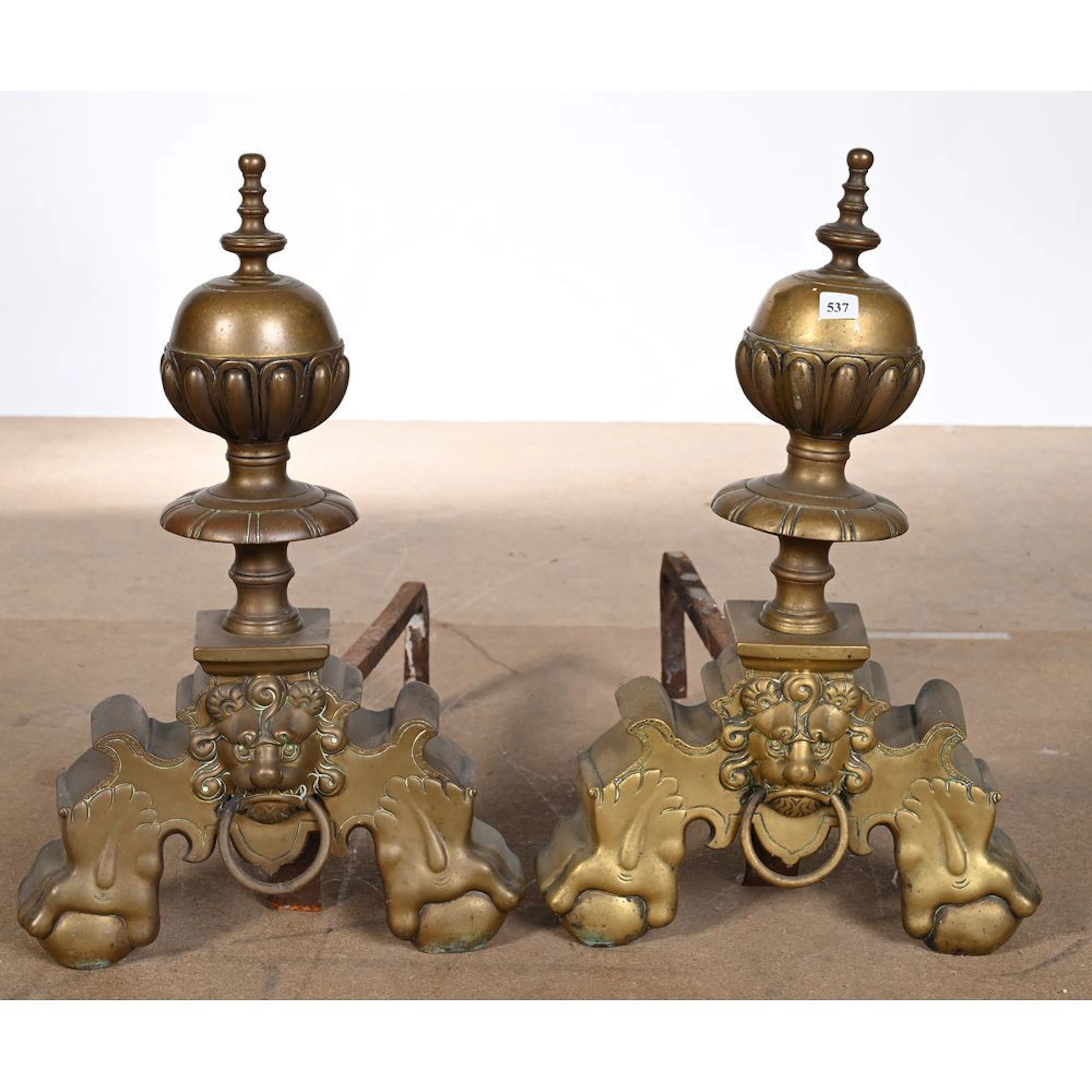 PAIR OF LOUIS XIII STYLE CHENETS and their gilt bronze irons. H.53 L.35 P.46.