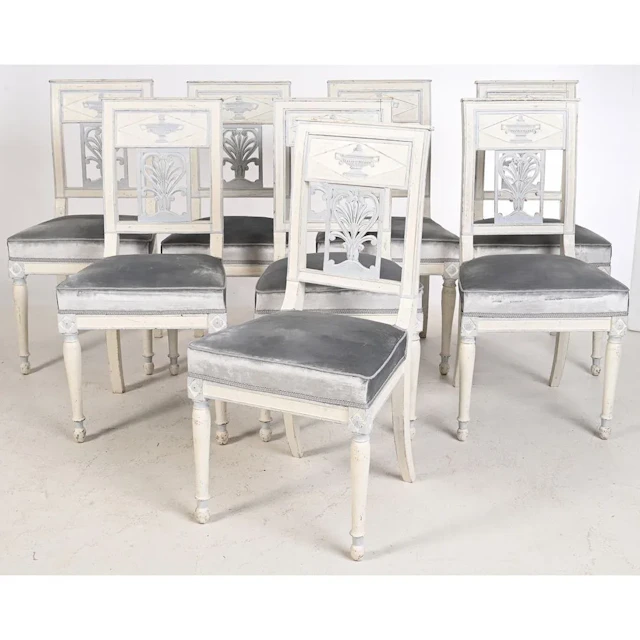 SET OF 8 DIRECTOIRE-STYLE DINING CHAIRS made of refinished wood, decorated