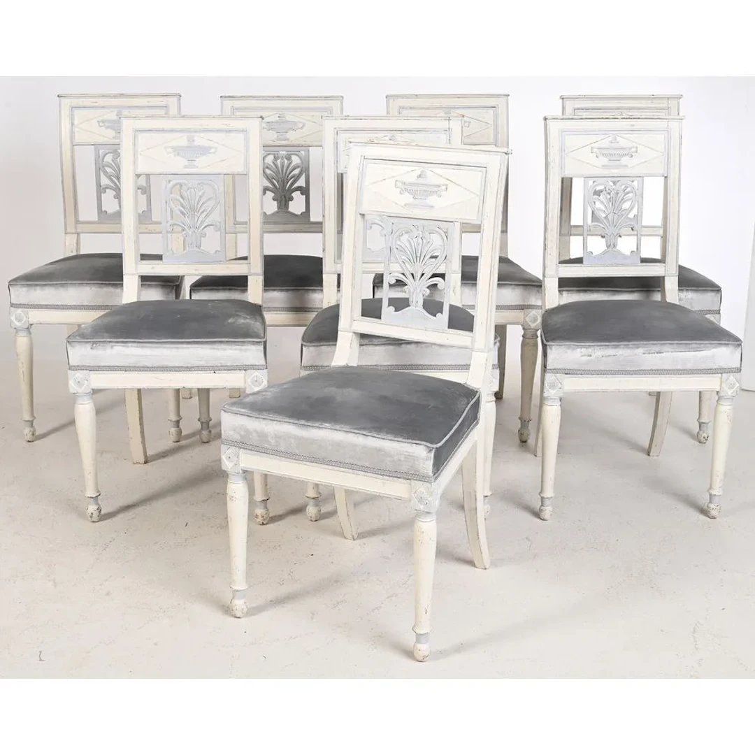 SET OF 8 DIRECTOIRE-STYLE DINING CHAIRS made of refinished wood, decorated
