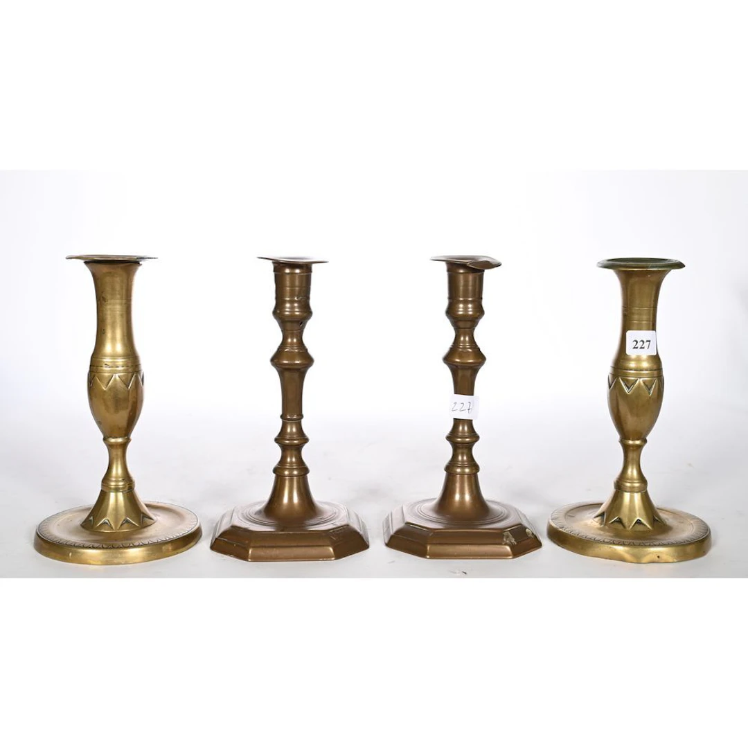 2 PAIRS OF CANDLESTICKS in gilded bronze. Antique. H. 19.
