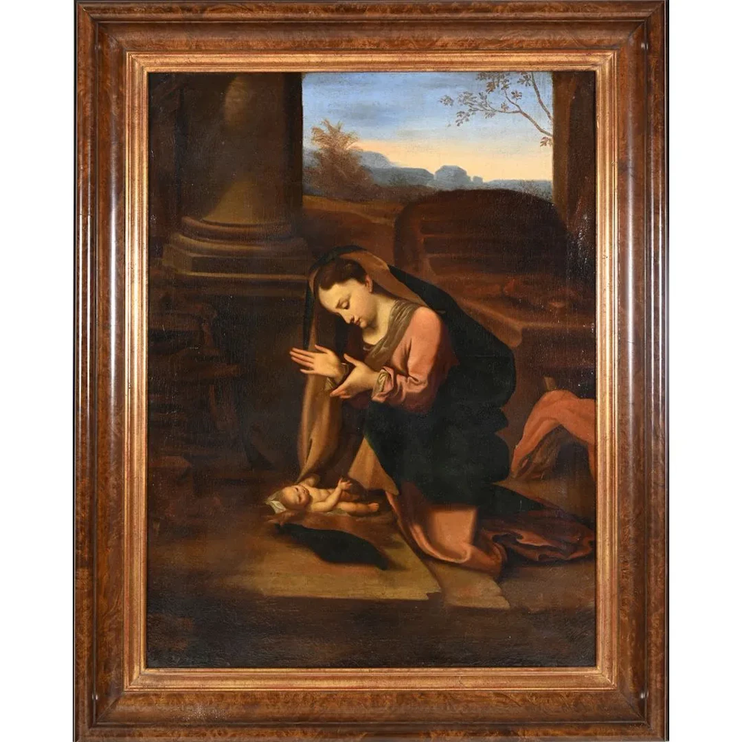 17th–18th-century Italian School. “The Adoration of the Virgin.” Oil