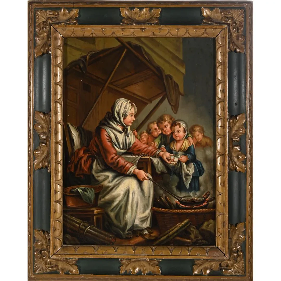 18th-century HUNGARIAN SCHOOL. “The Distribution of Chestnuts.” Oil