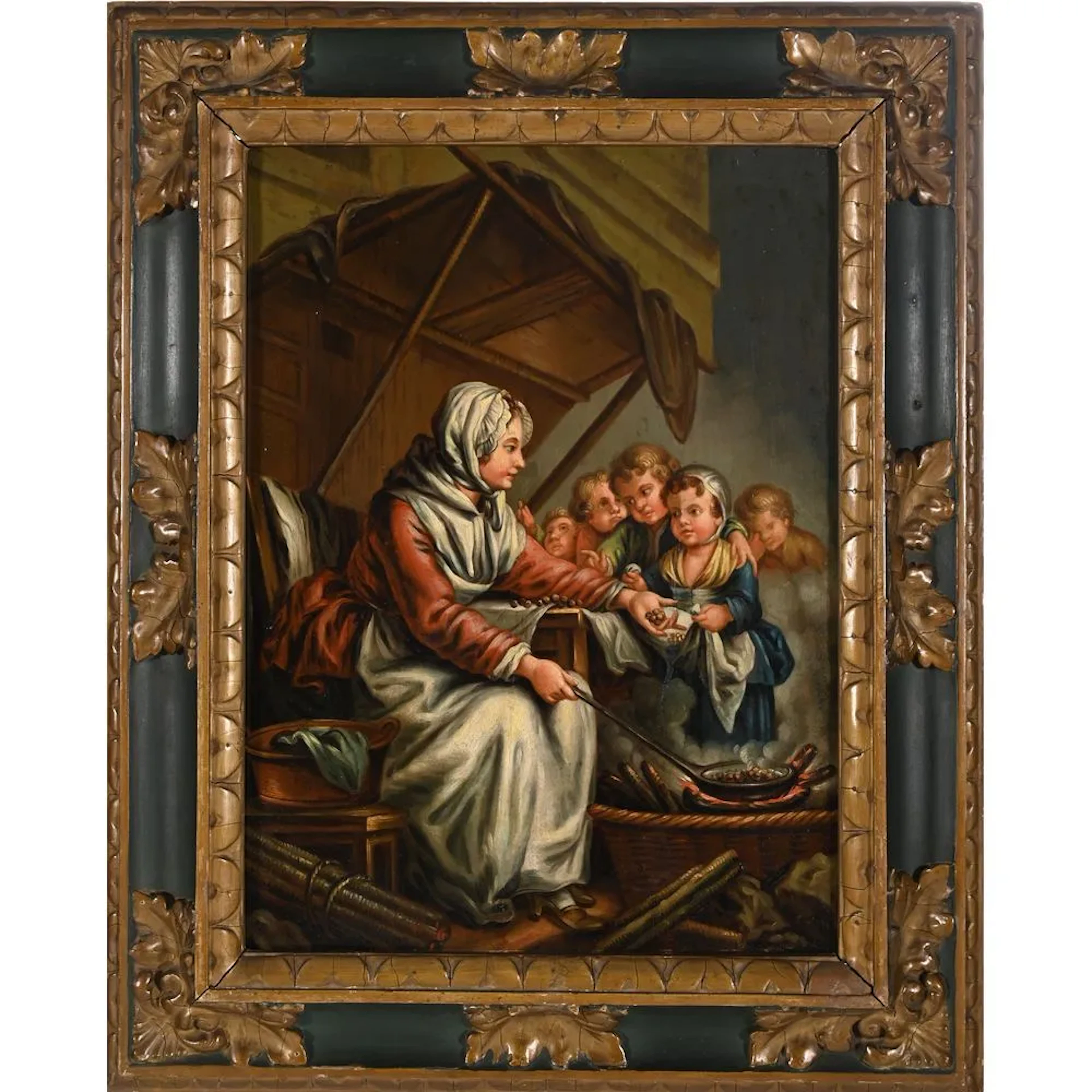 18th-century HUNGARIAN SCHOOL. “The Distribution of Chestnuts.” Oil