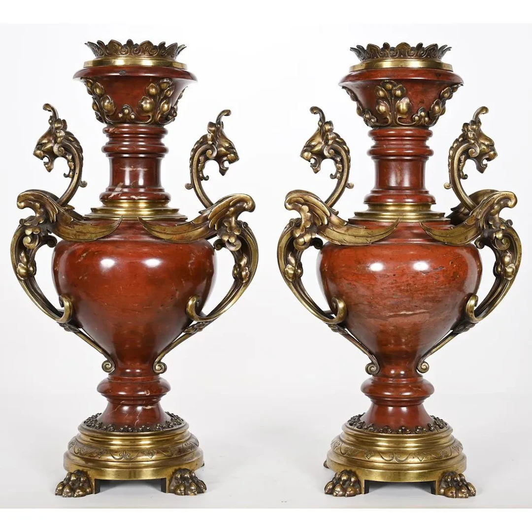 LARGE PAIR OF VASES in cherry-red marble and gilded bronze, decorated