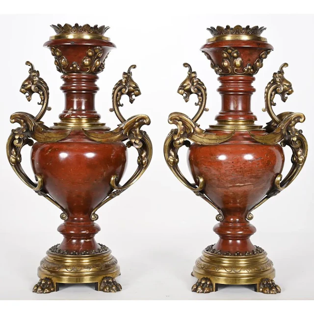LARGE PAIR OF VASES in cherry-red marble and gilded bronze, decorated