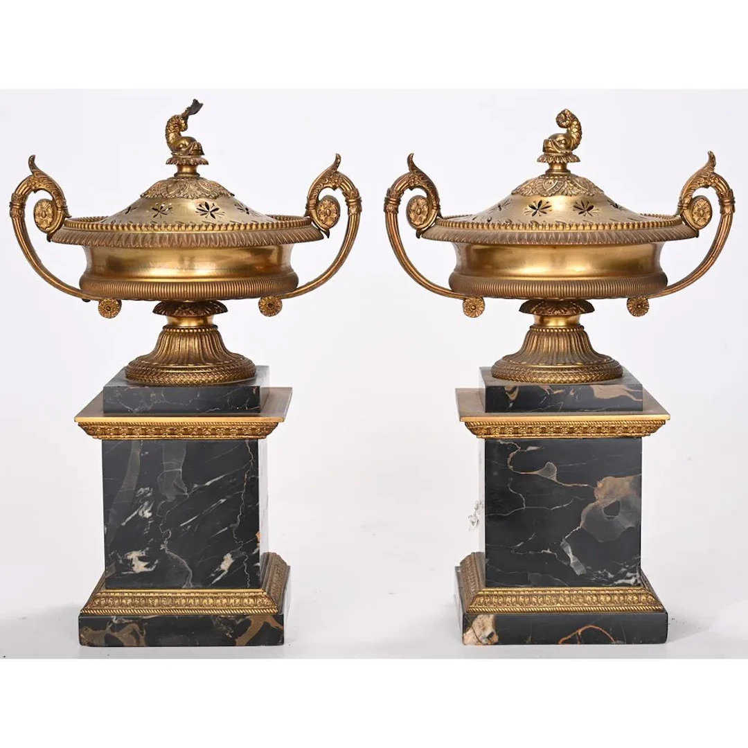 PAIR OF EMPIRE-STYLE INCENSE BURNERS in gilded bronze and black Portor