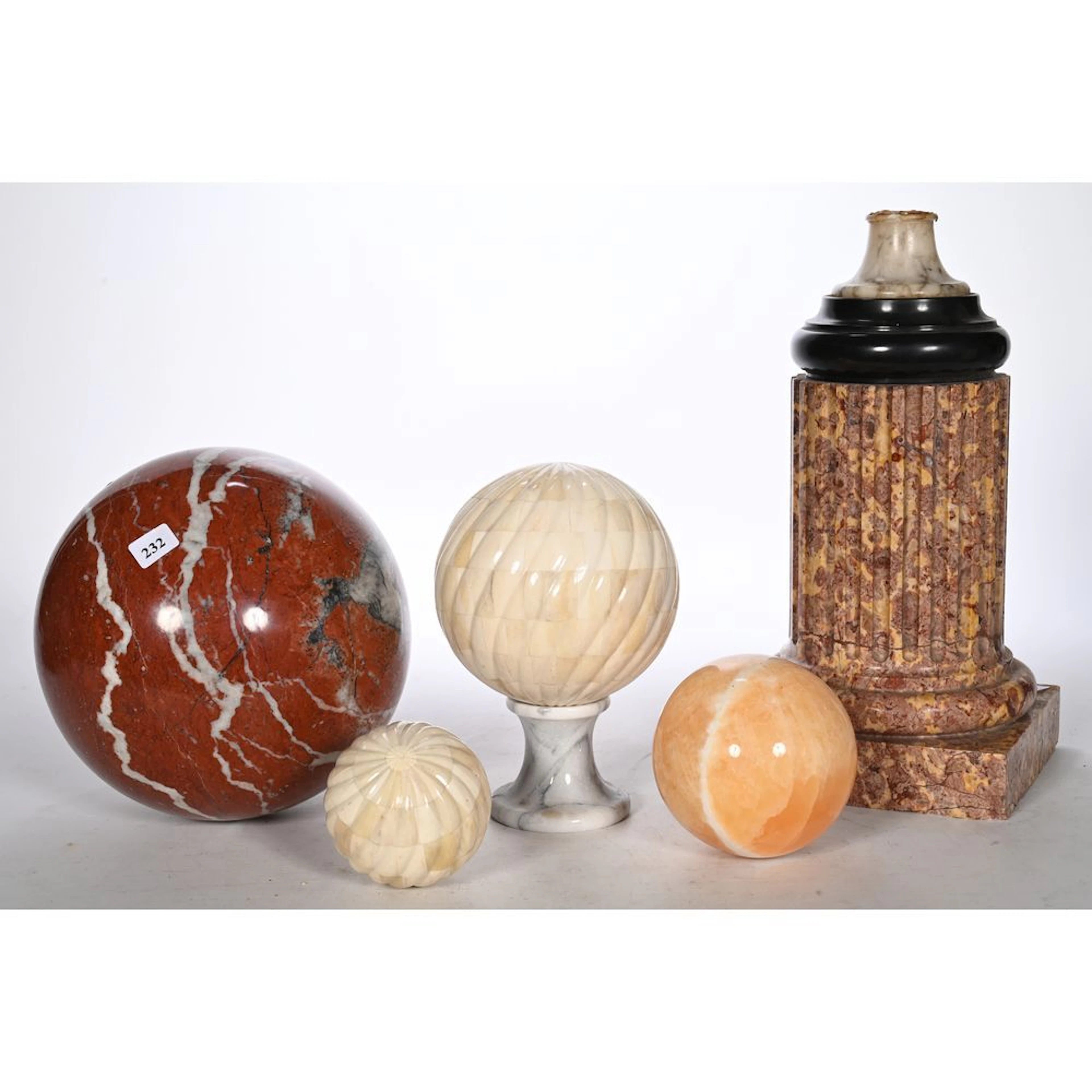 SET OF 4 BALLS made of hard stone, marble, and bone inlay. A Louis