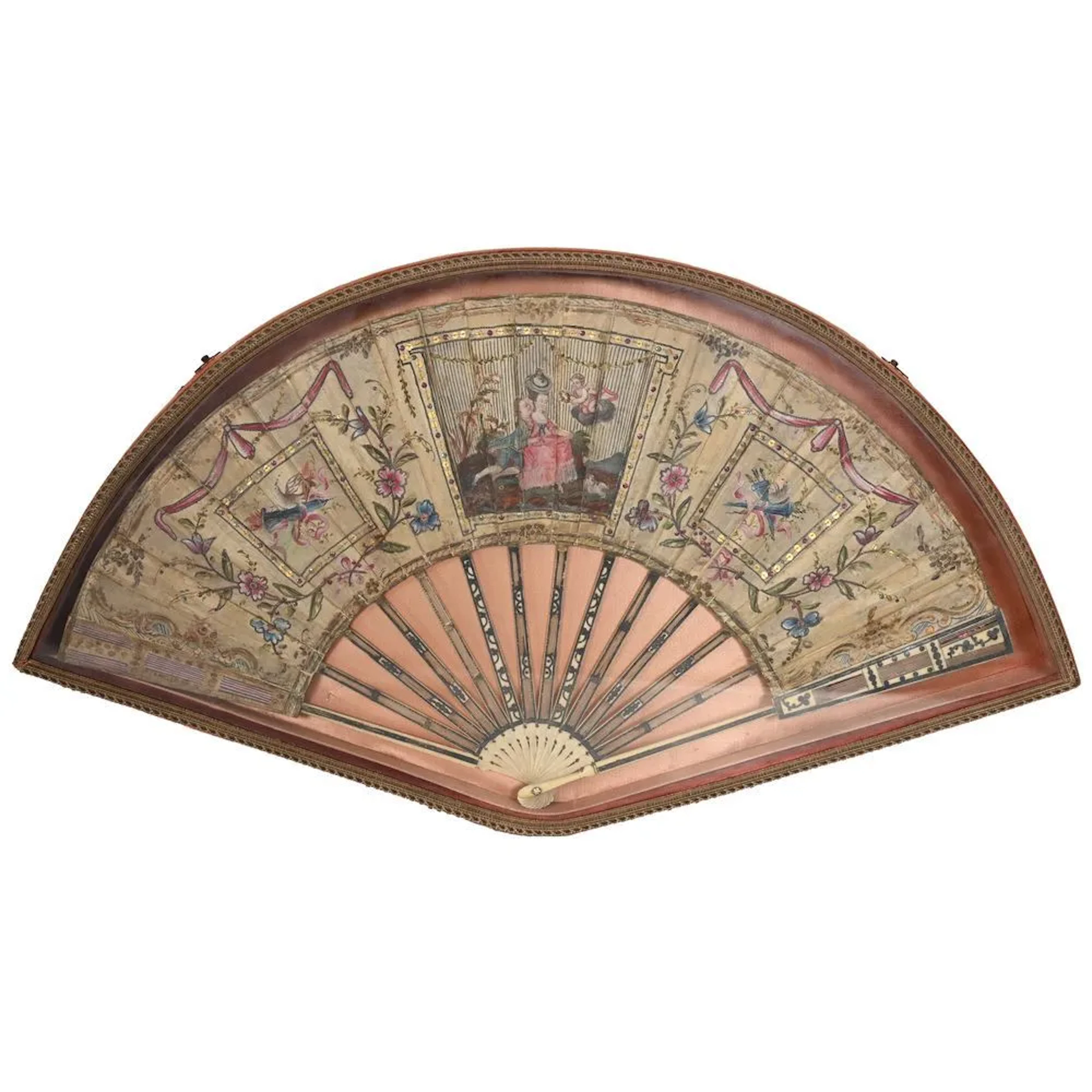 LOUIS XVI FAN in its box, decorated with a romantic scene surrounded
