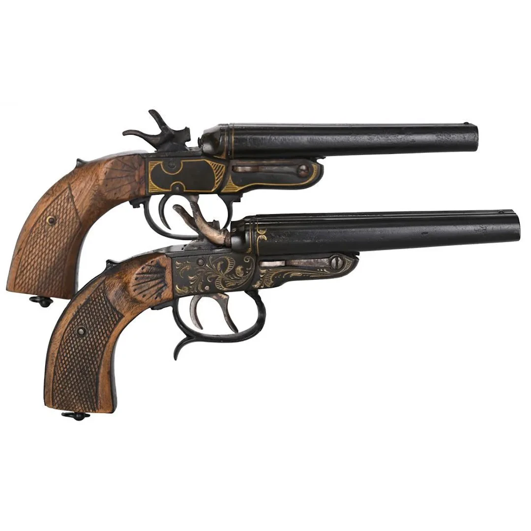 2 antique side-by-side double-barreled pistols, likely parlor pistols