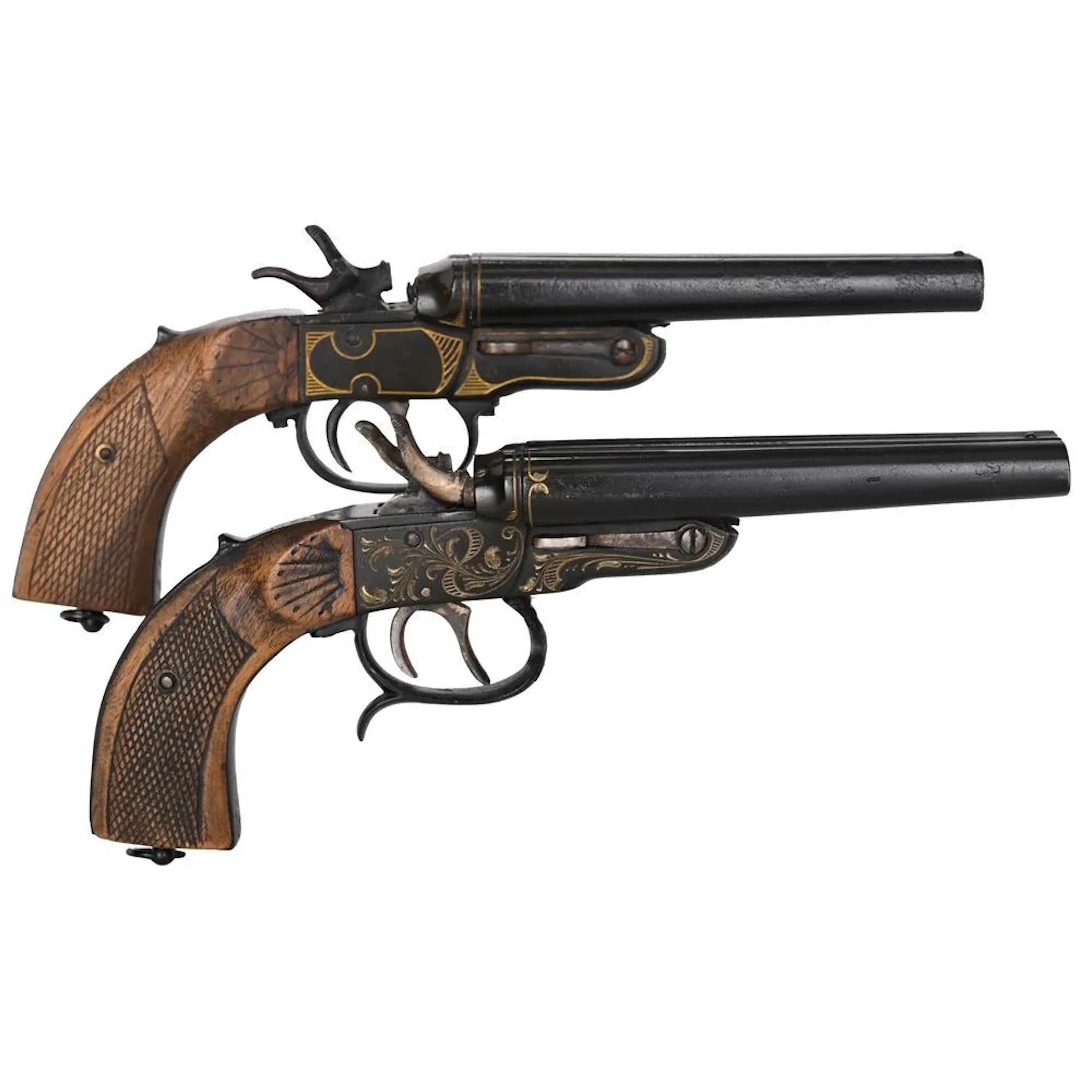2 antique side-by-side double-barreled pistols, likely parlor pistols