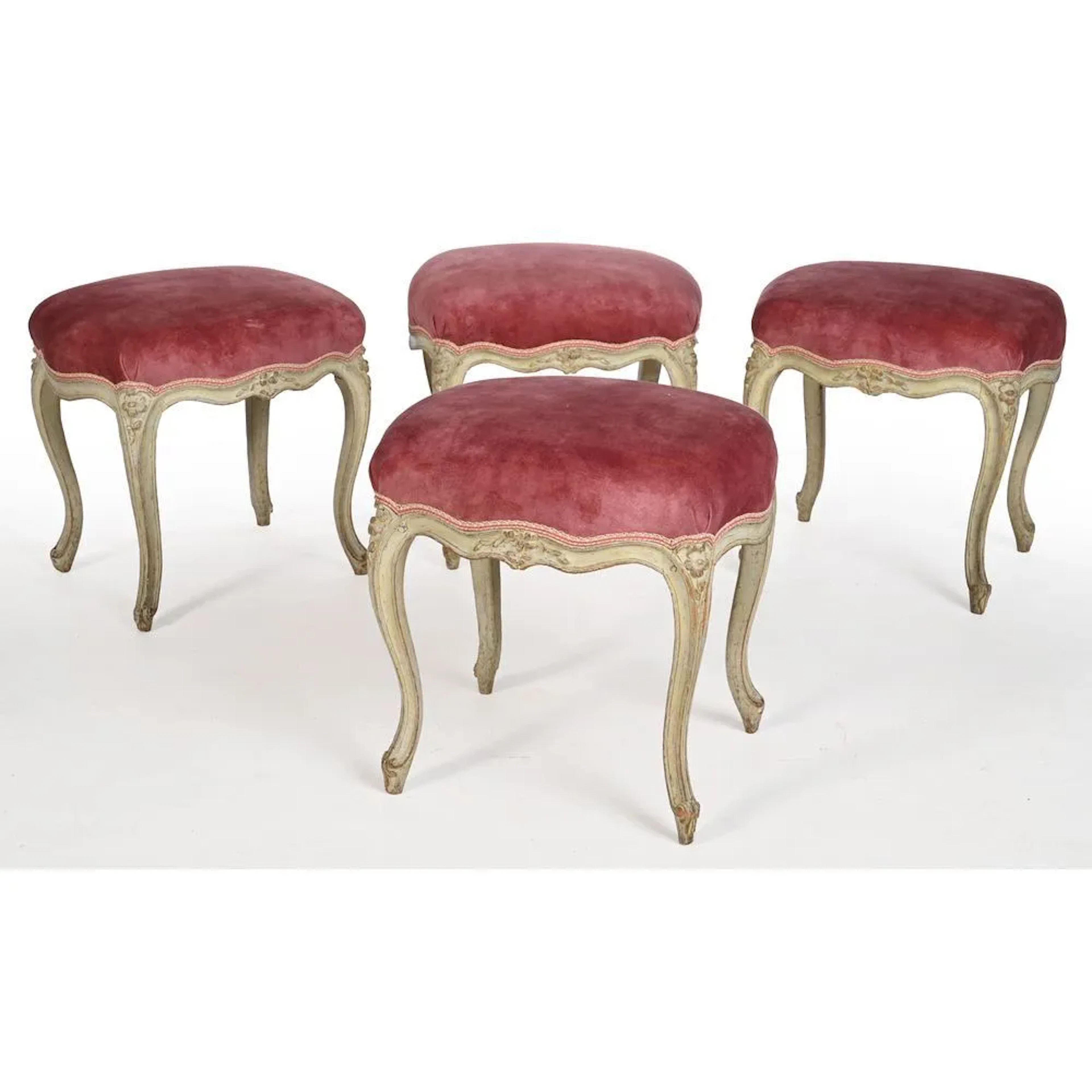 DELANOIS. RARE SET OF 4 LOUIS XV STOOLS with scalloped edges, made