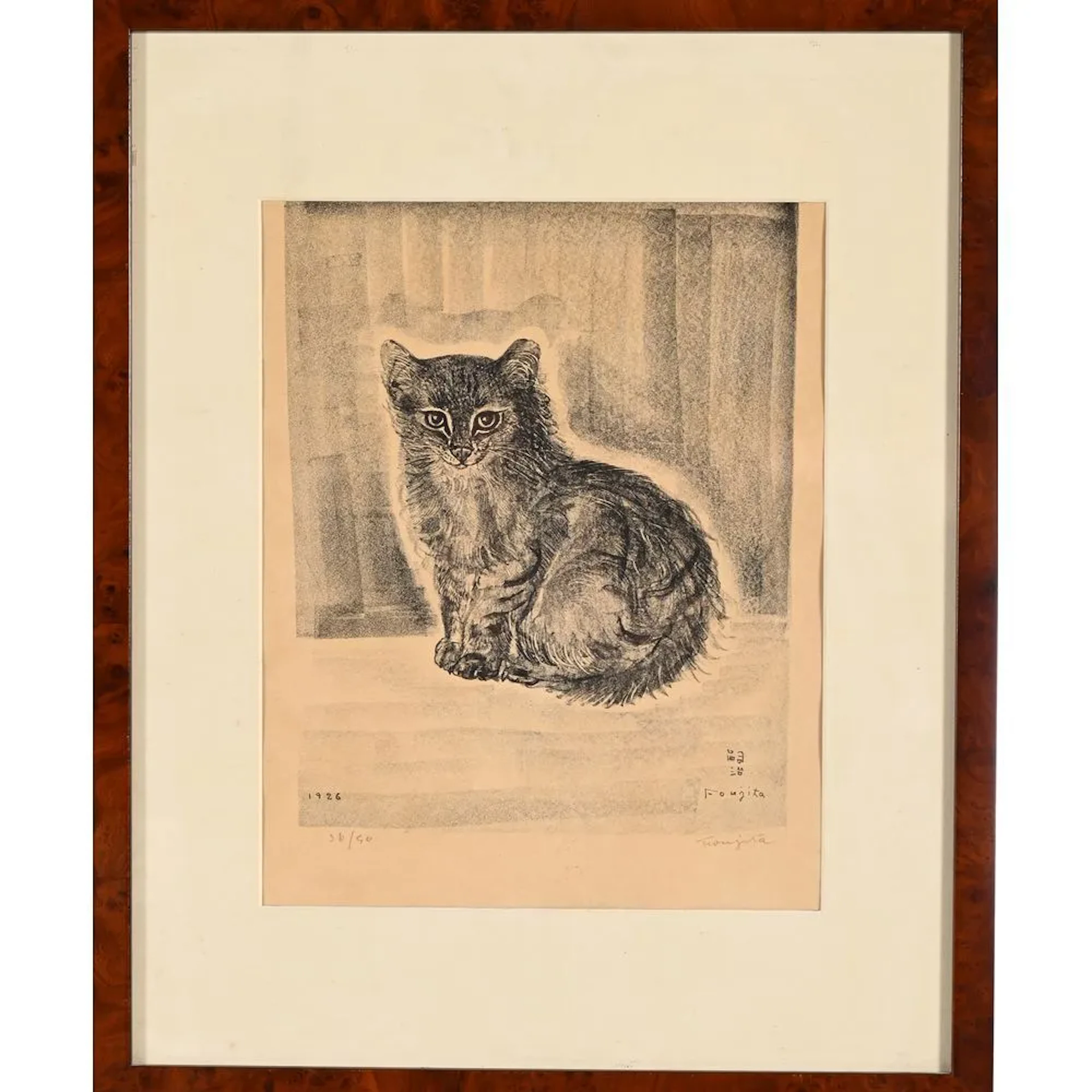 FOUJITA, Tsuguharu (1886–1968). “Seated Cat.” Lithograph dated 1926