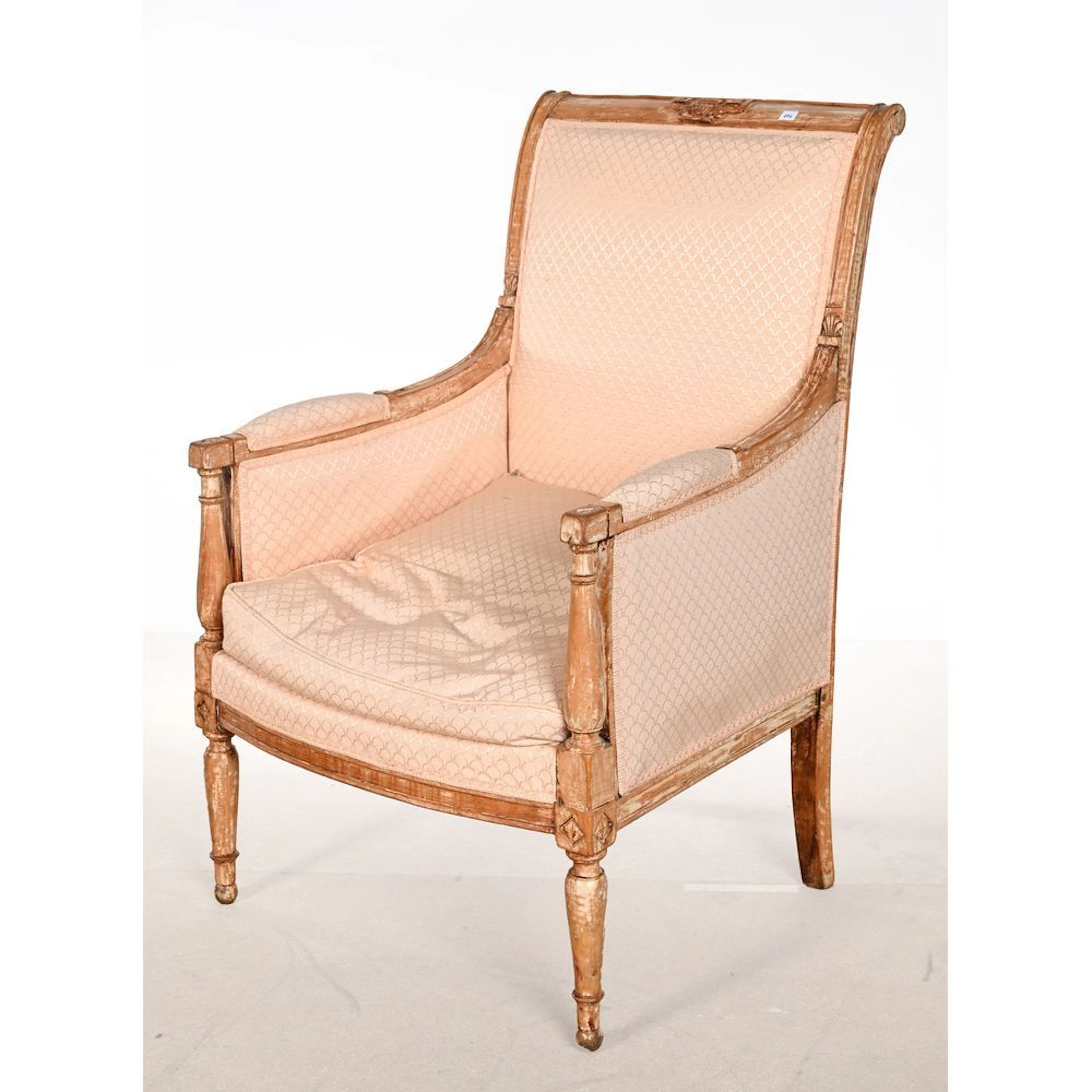 Natural wood DIRECTOIRE-style armchair with a curved backrest. Straight