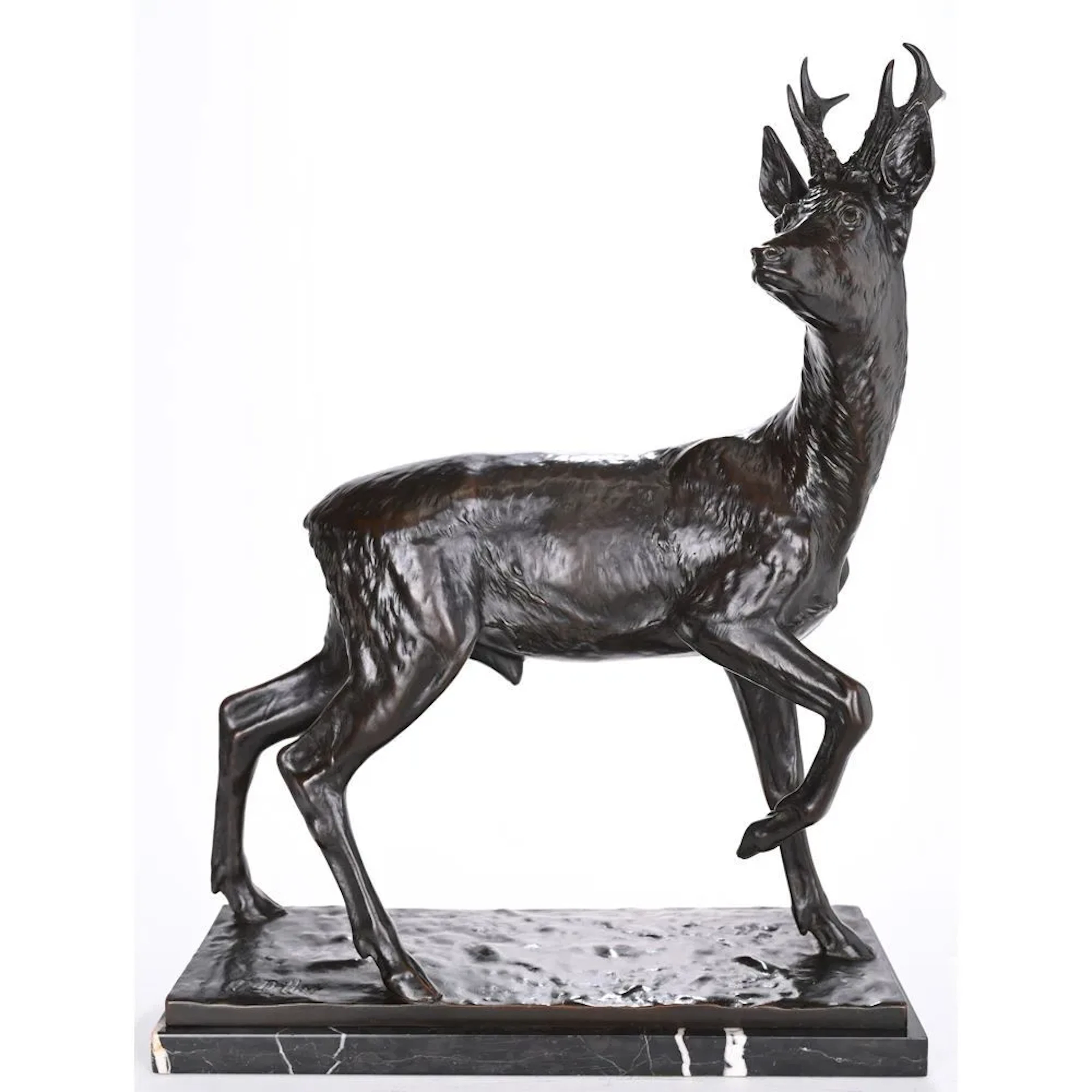 DILLER, Fritz. (1875–1945). “Deer Listening.” Bronze with a brown