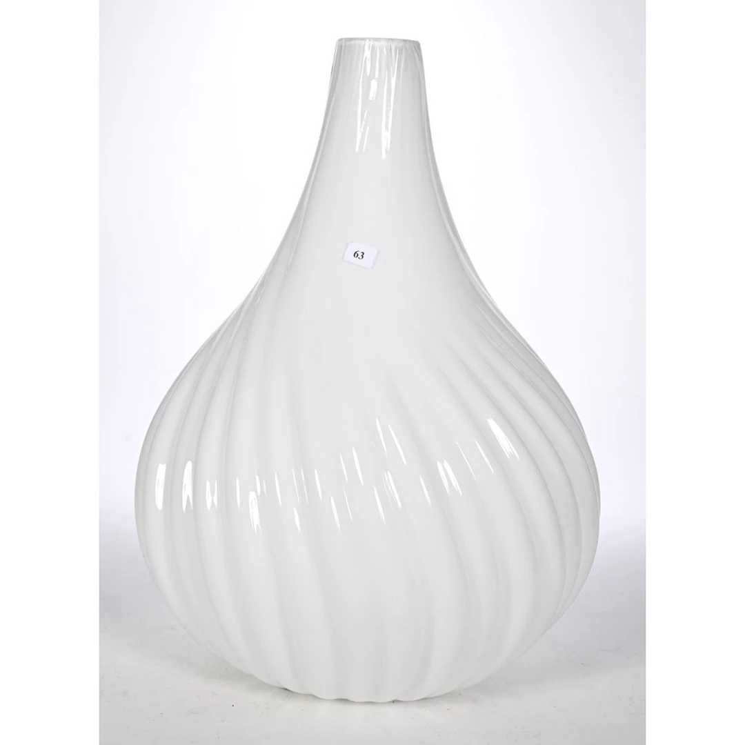 MURANO. IMPORTANT white glass vase with a plump shape and godron decoration.