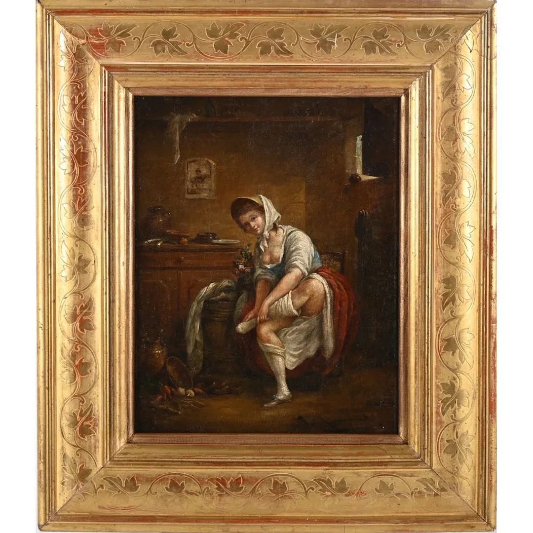 FRENCH SCHOOL, early 19th century. “The Girl in Stockings.” Oil on