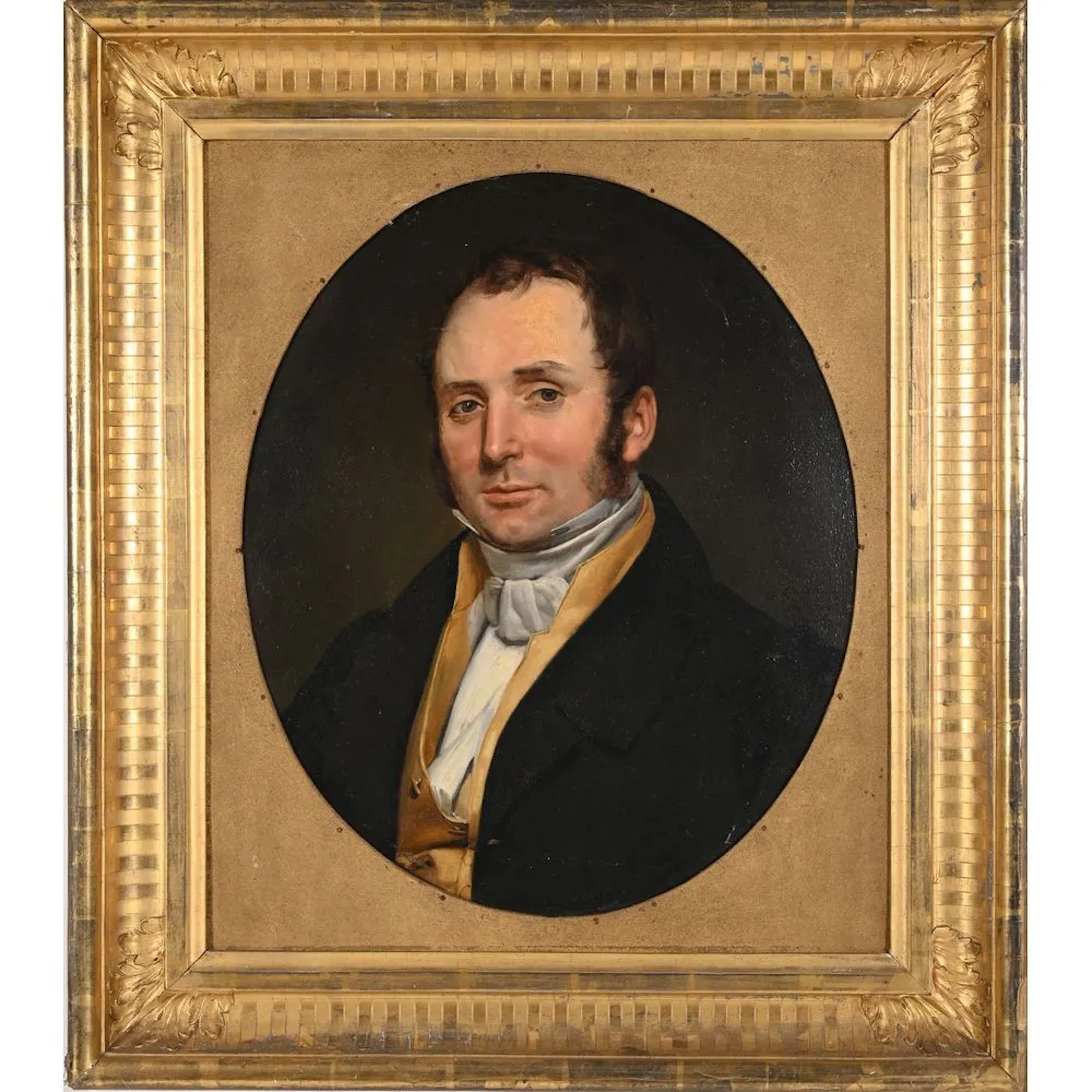 19th-century French School. “Portrait of a Man.” Oil on panel in a
