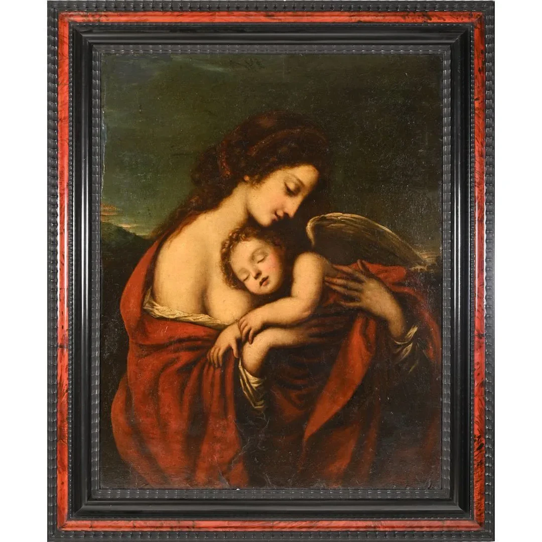 17th-century Italian school. “Venus and Sleeping Love.” Oil on panel.