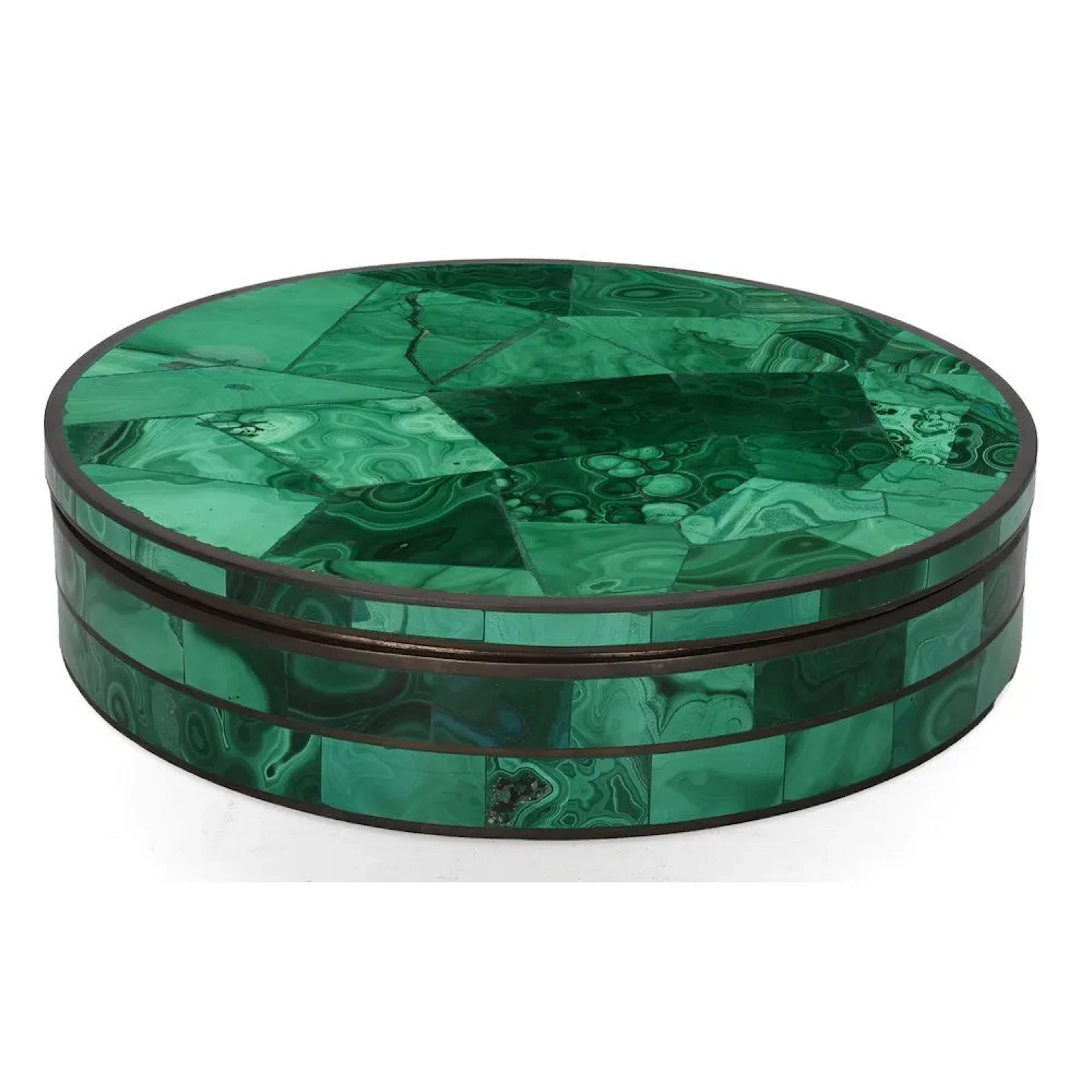 Round box made of malachite marquetry with metal trim. 20th-century