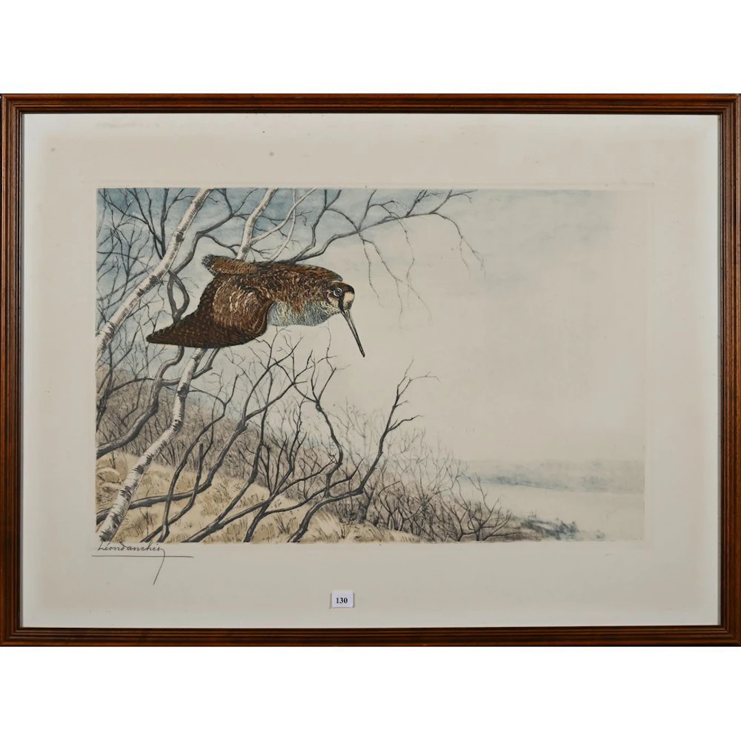 DANCHIN, Léon. “The Woodcock Takes Flight.” Signed lithograph. H. 38, L. 59.