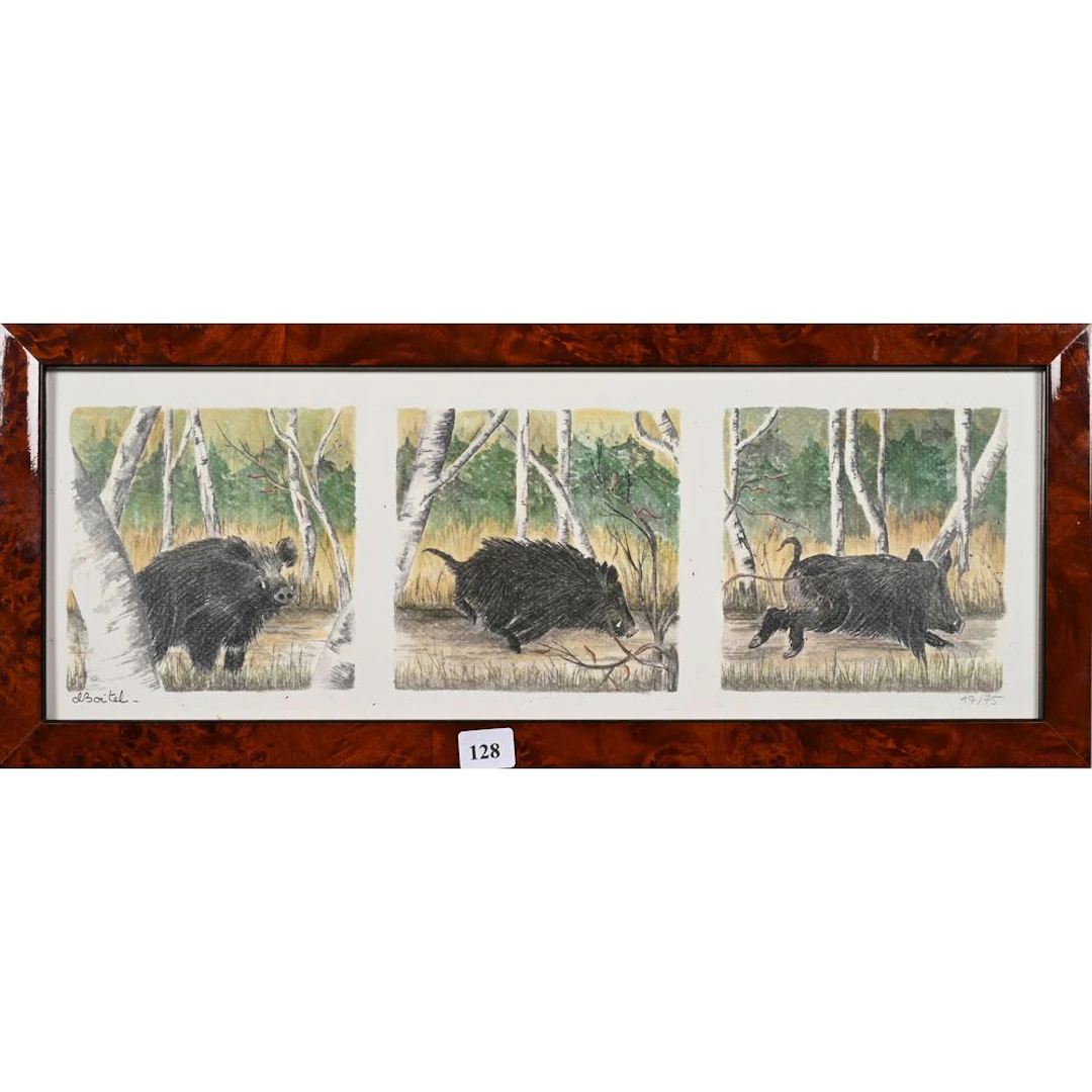 BOITEL. “Wild Boar on the Run.” Signed and numbered color lithograph