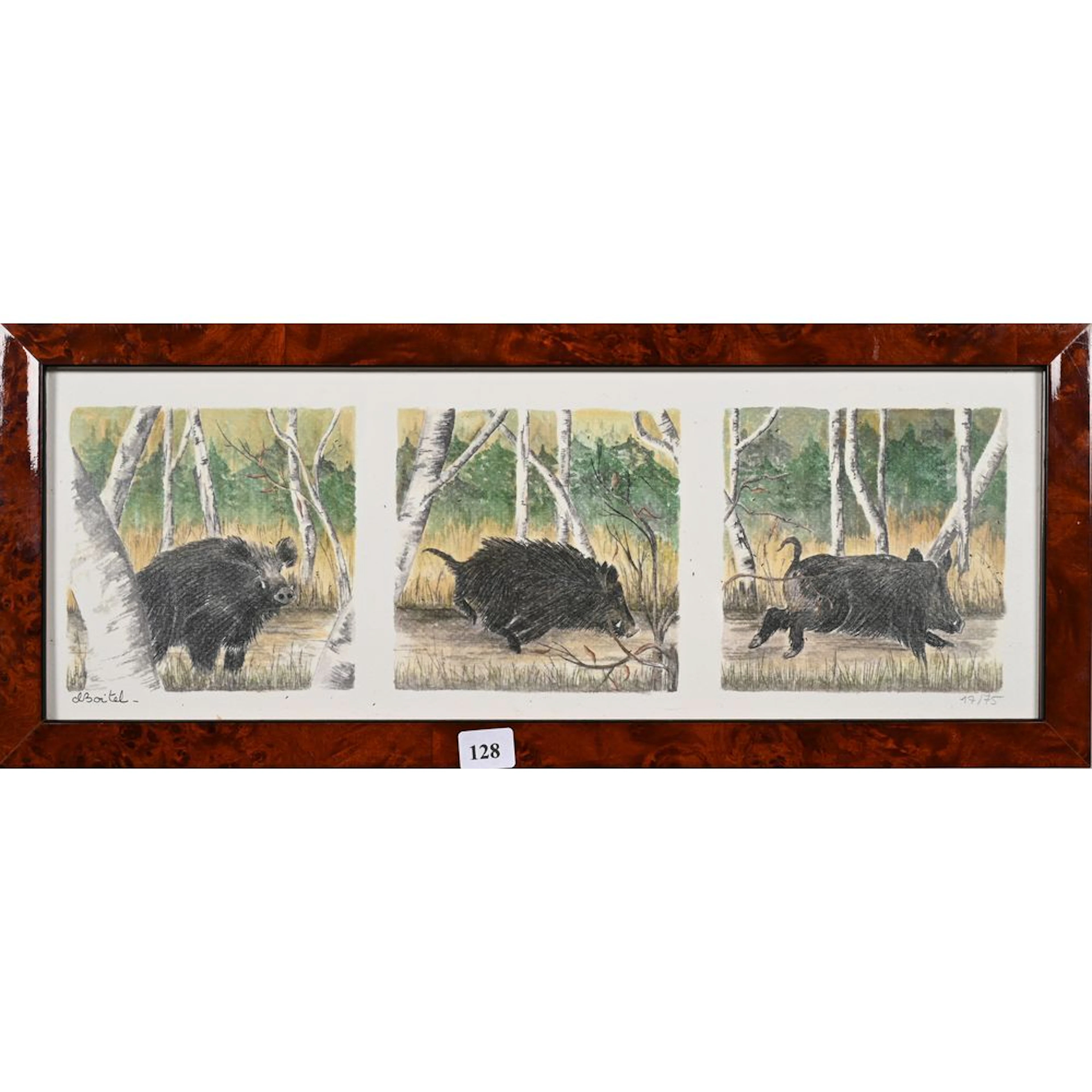 BOITEL. “Wild Boar on the Run.” Signed and numbered color lithograph