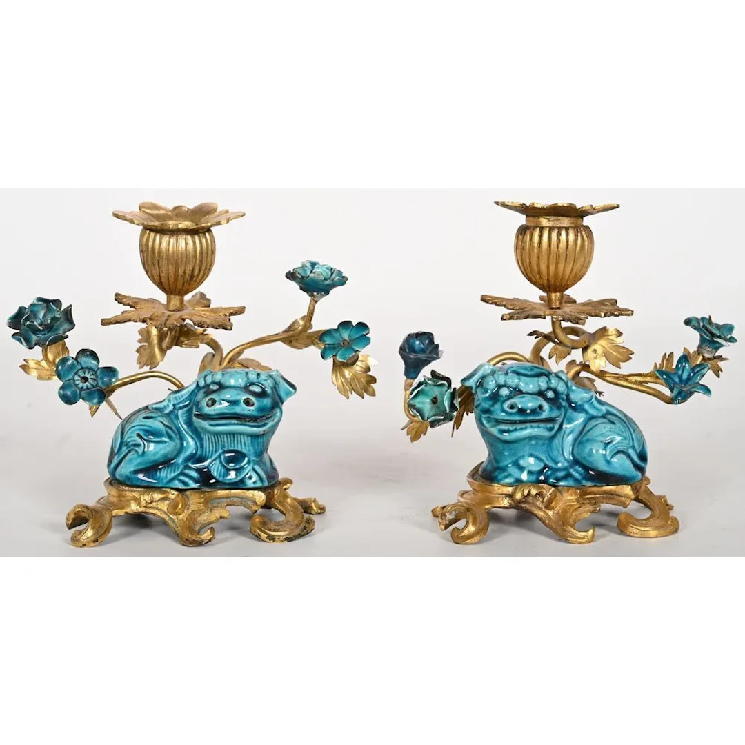PAIR OF CHARMING SMALL CANDLESTICKS in bronze and porcelain, decorated