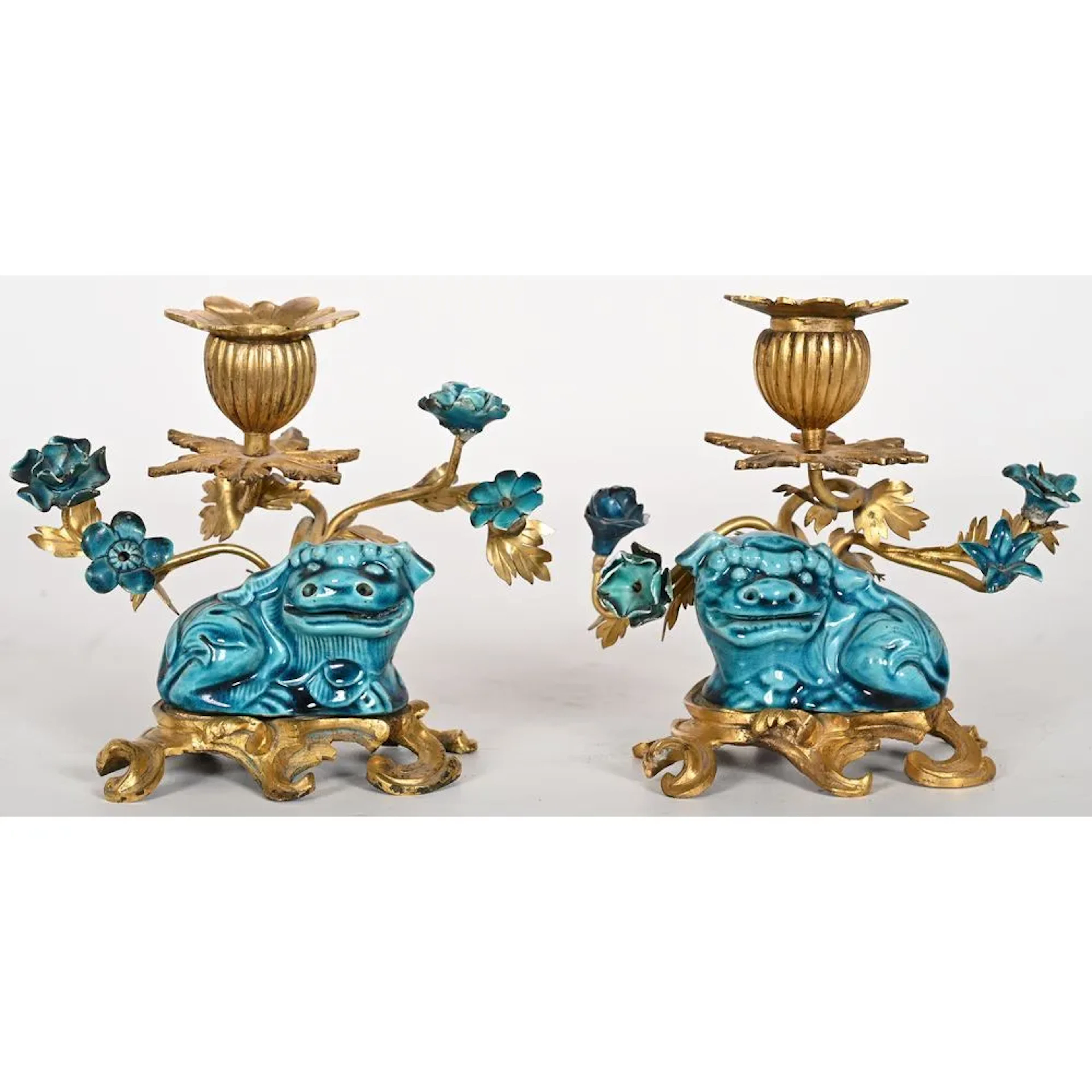 PAIR OF CHARMING SMALL CANDLESTICKS in bronze and porcelain, decorated