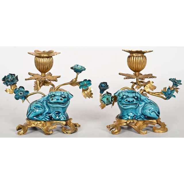 PAIR OF CHARMING SMALL CANDLESTICKS in bronze and porcelain, decorated
